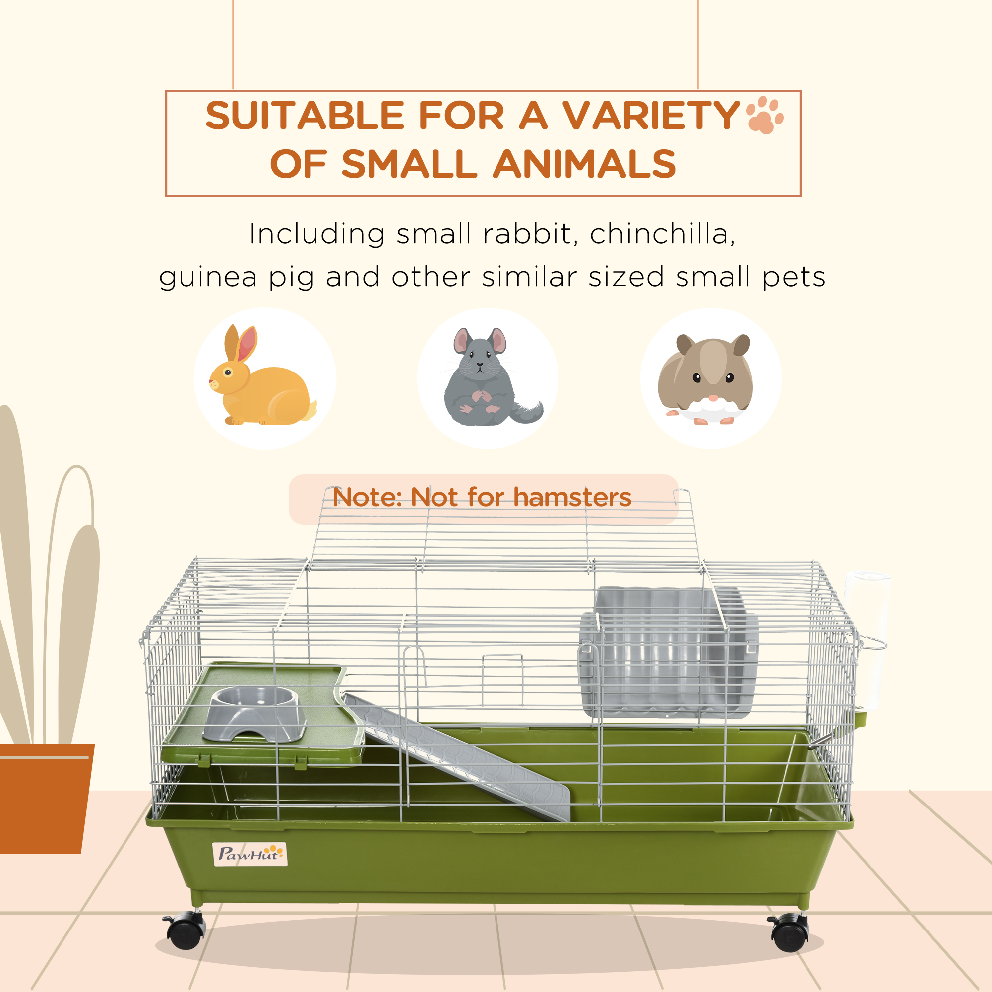 Small Animal Cage, Rolling Bunny Cage, Guinea Pig Cage with Food Dish, Water Bottle, Hay Feeder, Platform, Ramp, Green