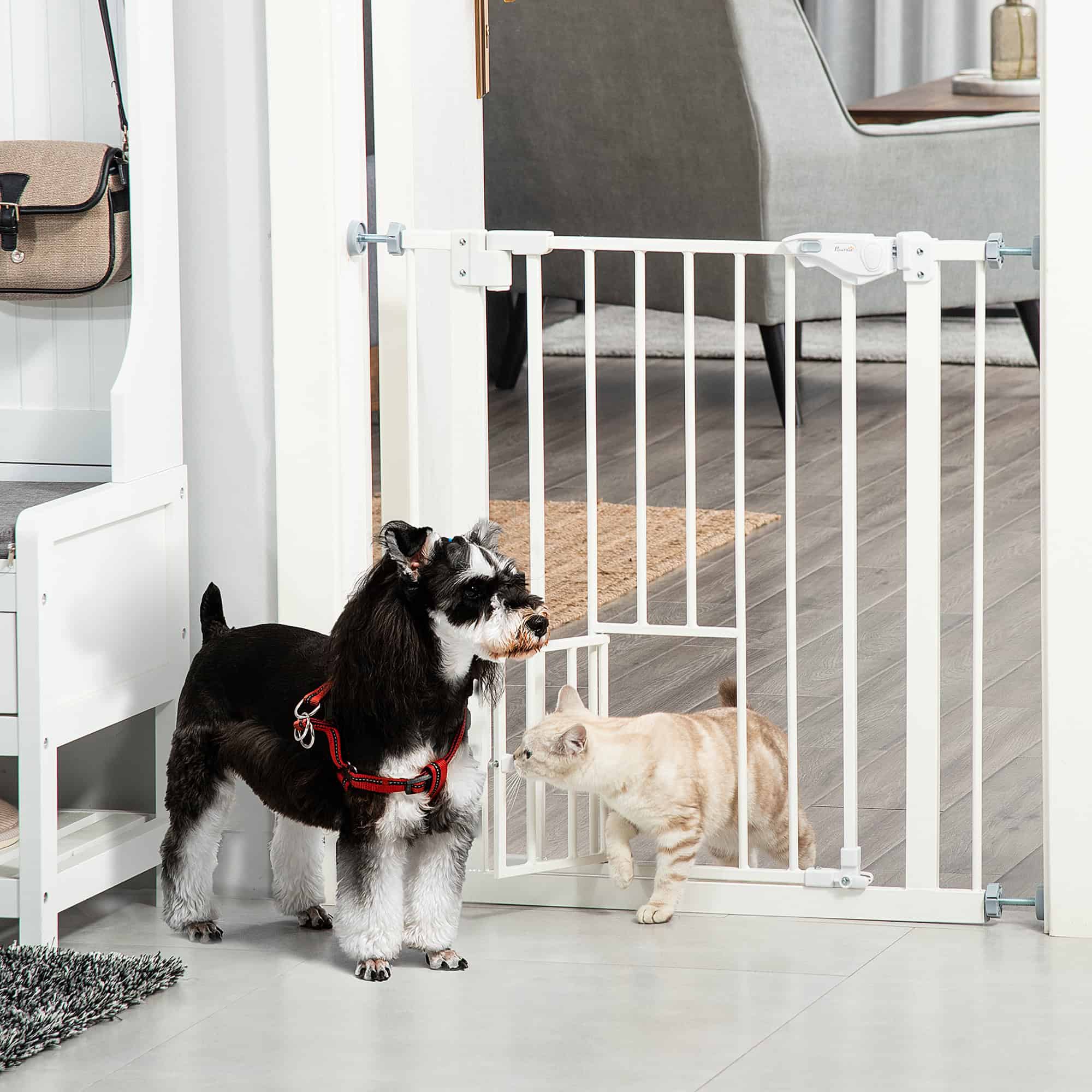 Pet Gate Extra Wide Press-Mounted with Cat Door, Auto Closing Pet Gate for Stair, Hallway, 29-32 Inch, White