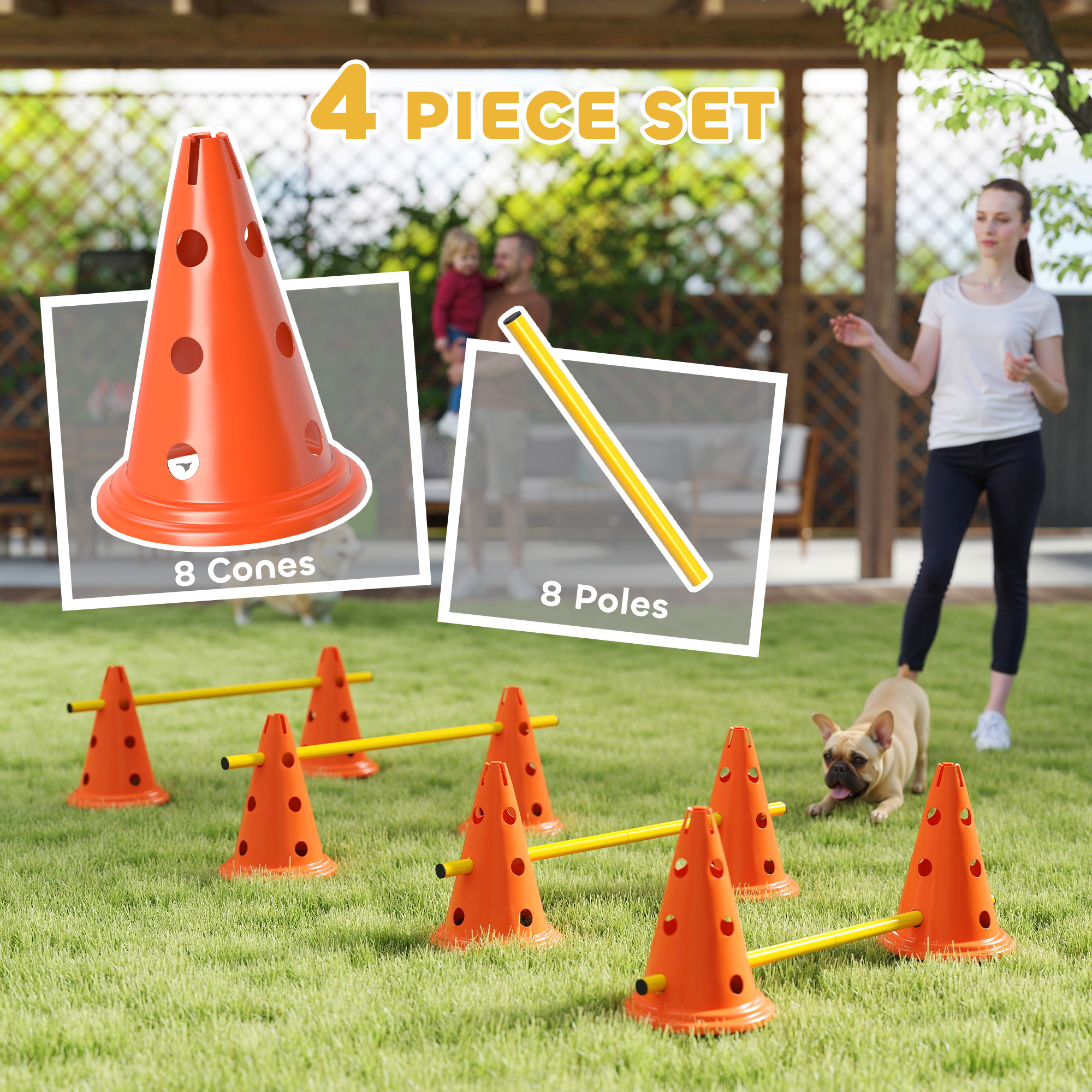 Dog Agility Hurdle Cone Set, Adjustable Obstacle Course Equipment with 8 Cones & 8 Poles, Carry Bag, Orange