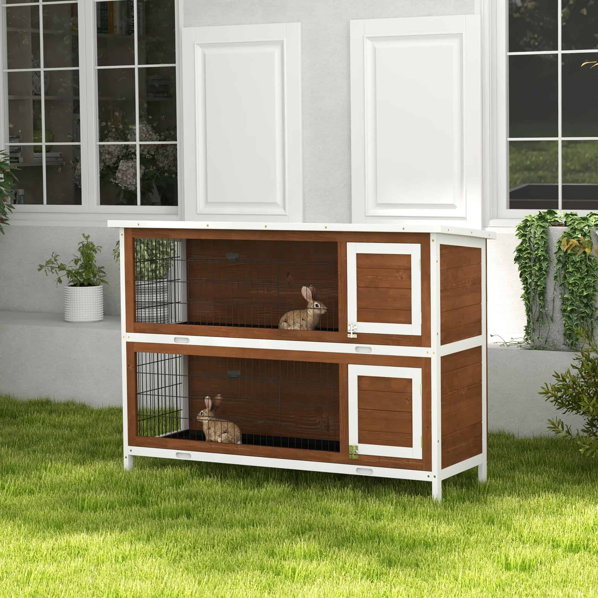 2 Tier Wooden Rabbit Hutch Bunny Pet House Wooden Coop Run, Brown