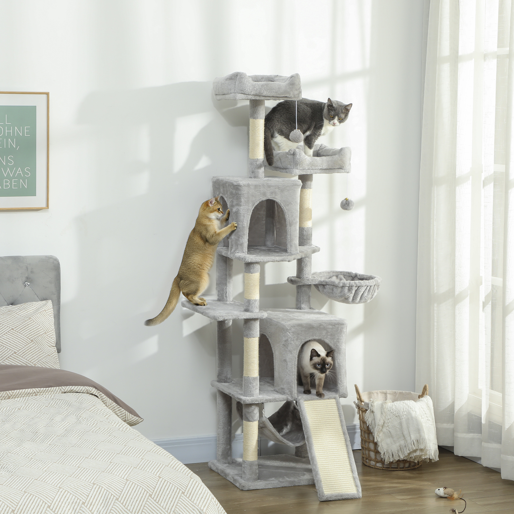 Cat Tree, 70" Multi-Level Cat Tower with 2 Condos, 2 Beds, Hammock, Toy Balls, Scratching Posts and Board, Light Grey