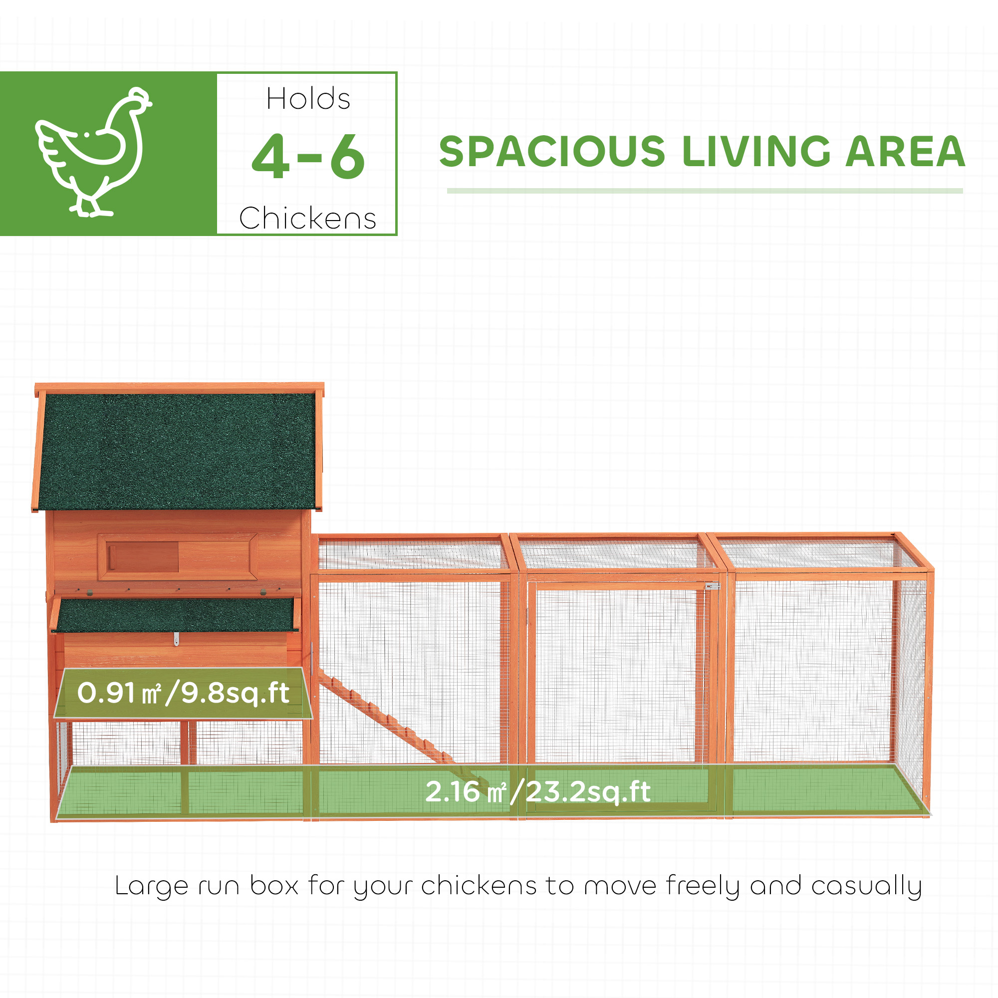 137" Wooden Chicken Coop with Chicken Run, Nesting Box, Orange