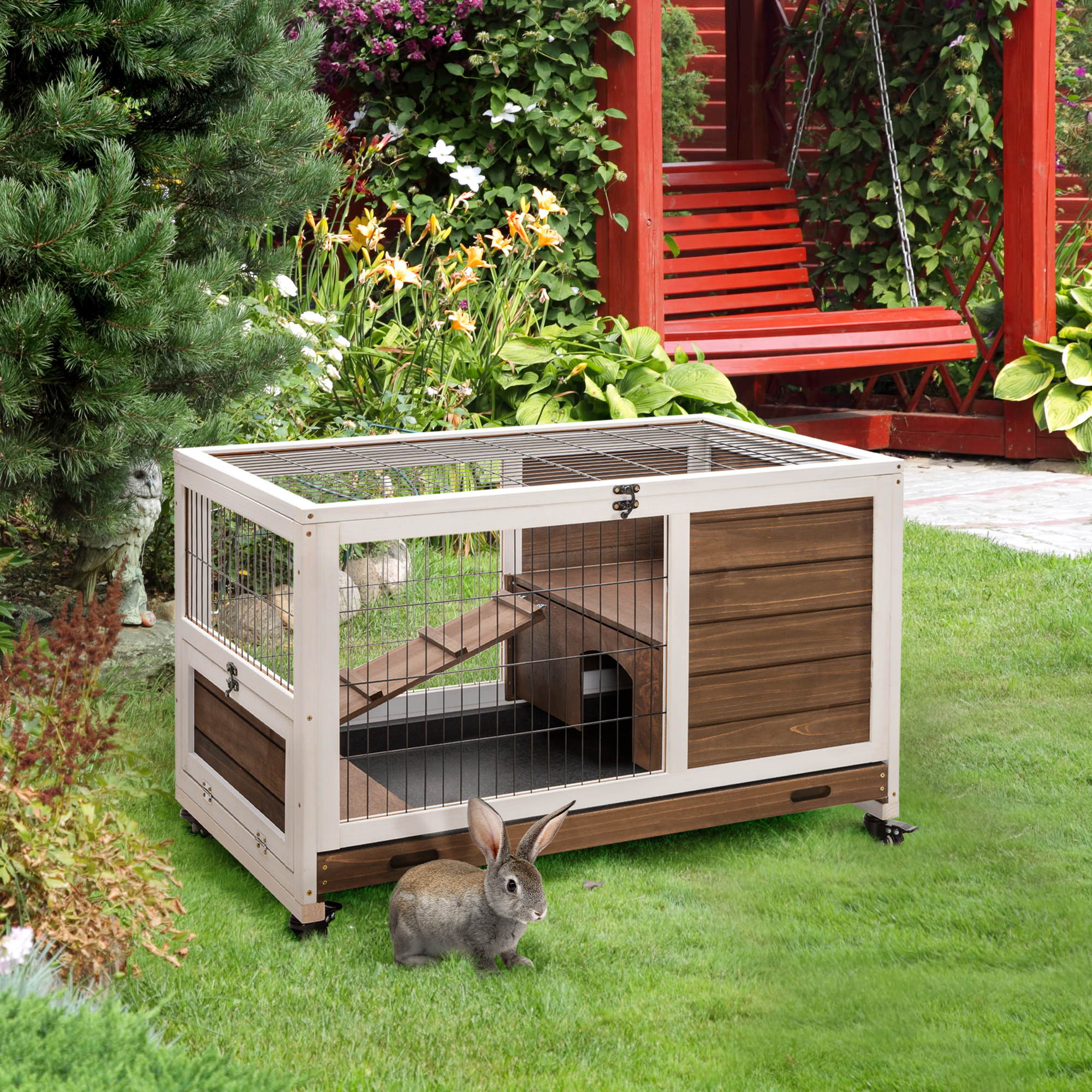 Wooden Indoor Rabbit Hutch Elevated Bunny Cage Habitat with Enclosed Run with Wheels, Ideal for Rabbits and Guinea Pigs, Brown