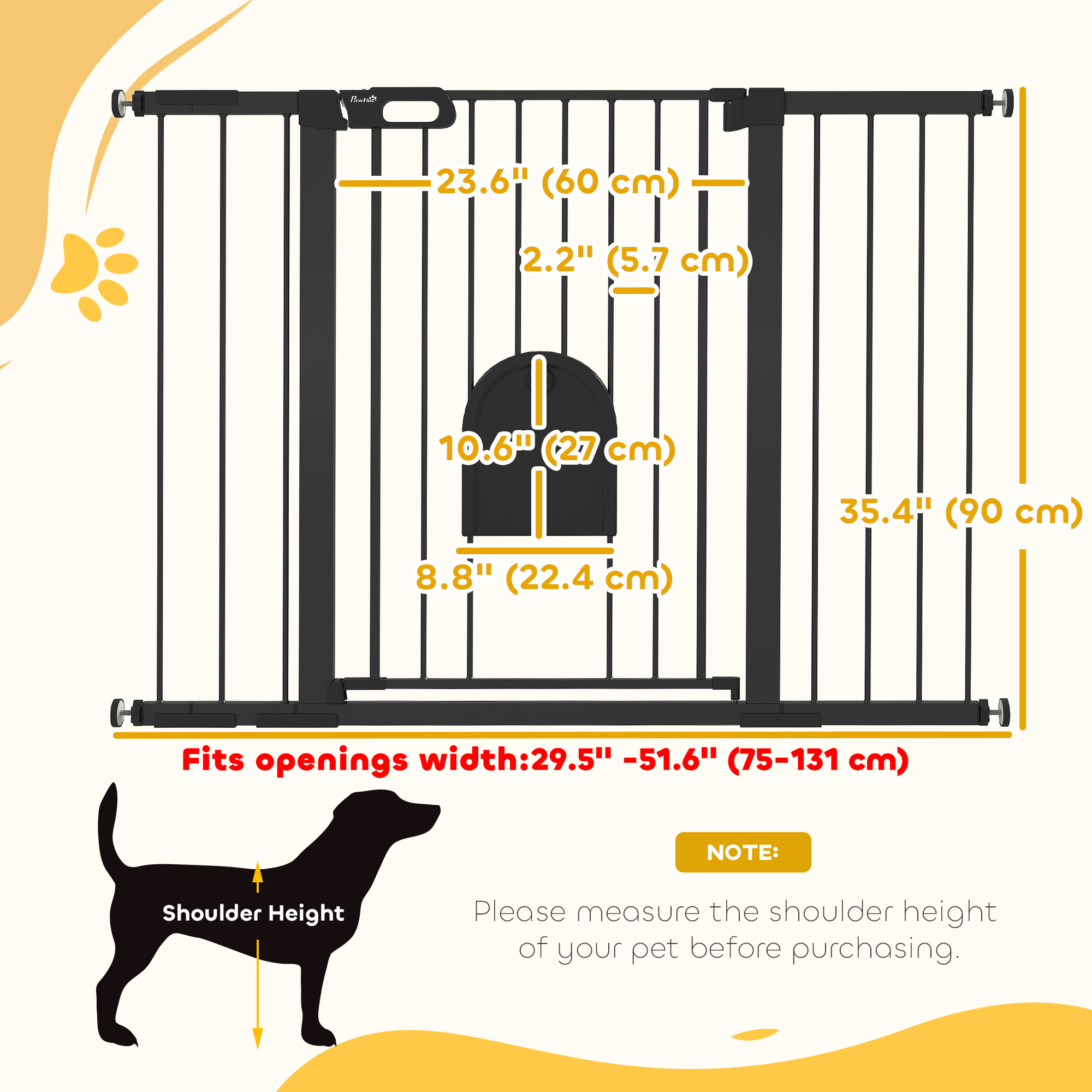 30"-52" Extra Wide Pet Gate Barrier with Small Door, 35"H Dog Gate with Safety Gate Barrier, Stair Pressure Fit, Black