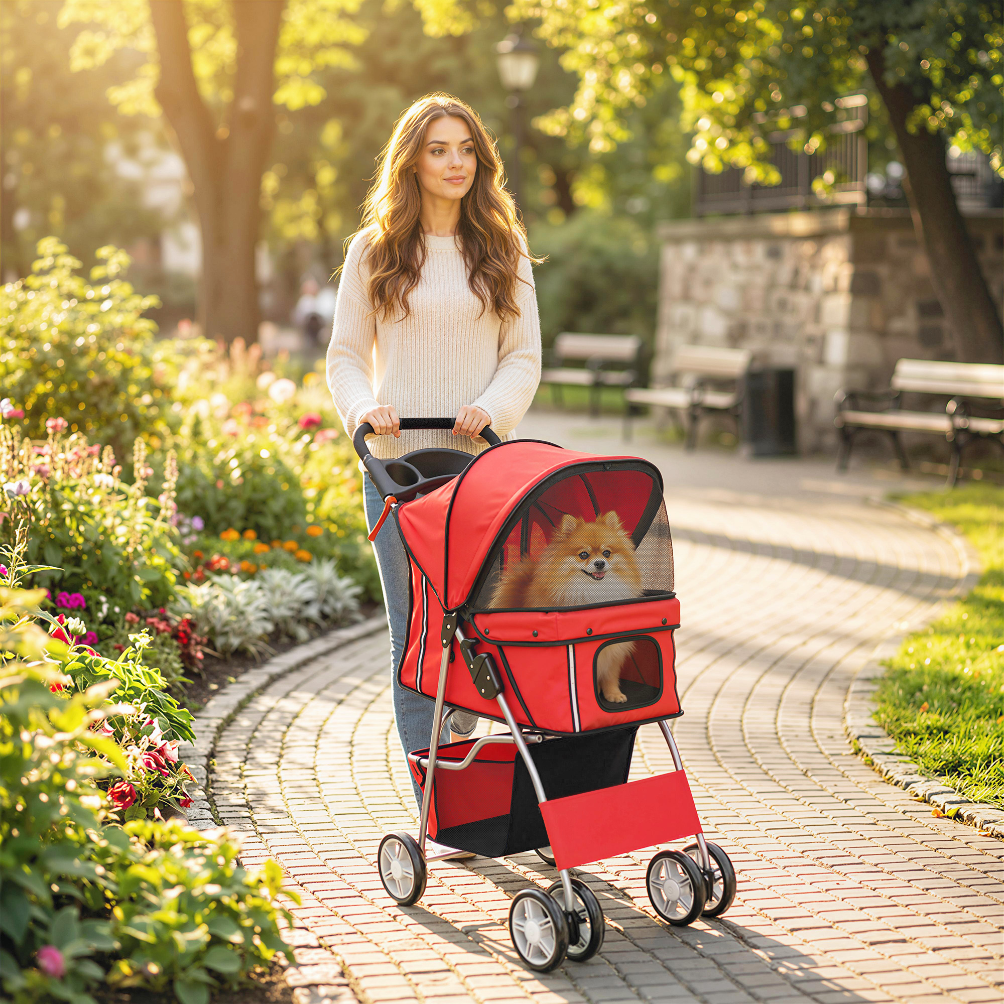 Pet Stroller with Reflective Strips, Foldable Cat Stroller with 360° Swivel Wheels for Small Dogs and Cats, Red