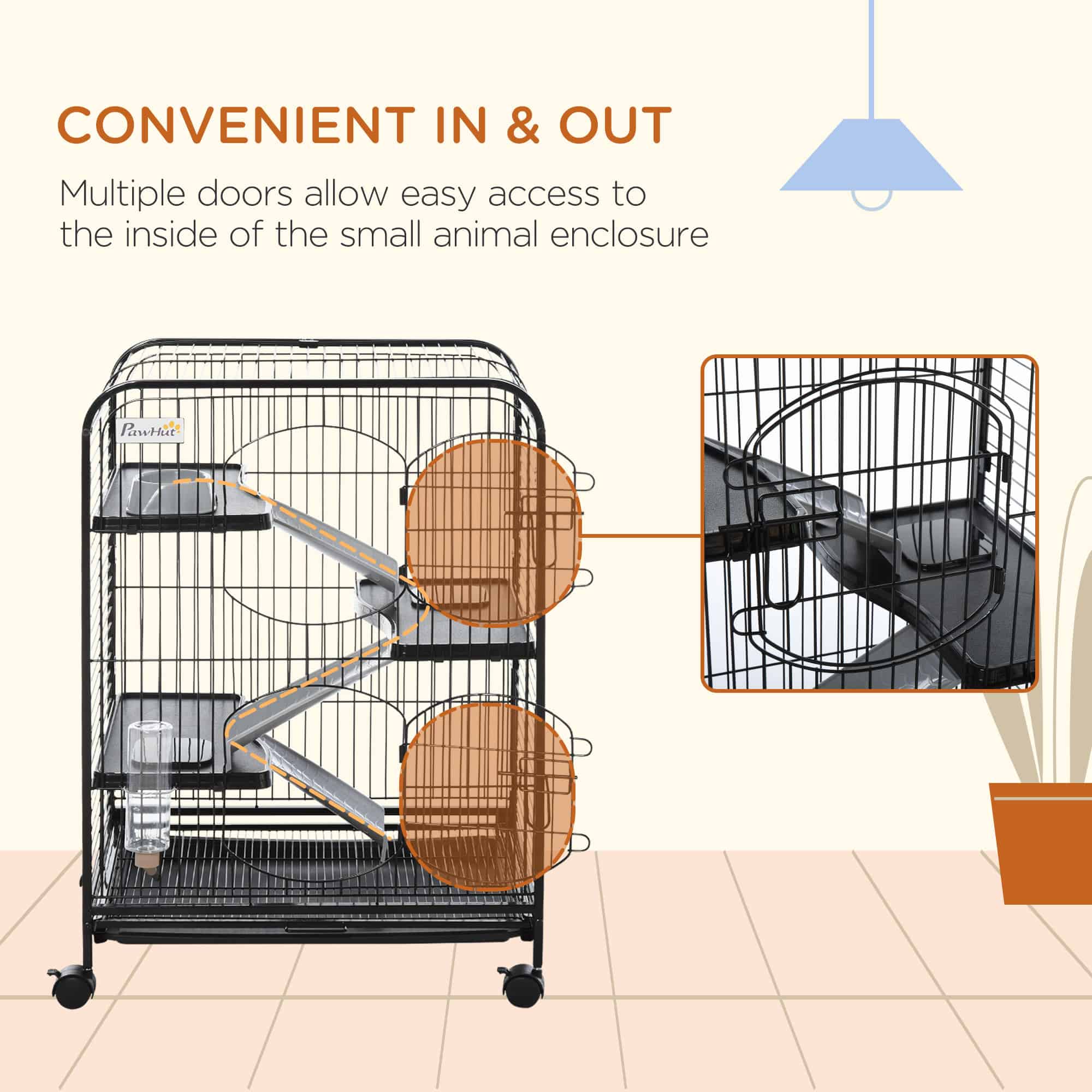 37"H Ferret Cage, 4-Tier Rolling Rabbit Ferret Chinchilla Squirrel Cage with Removable Tray, Platform, Ramp, Food Dish, Water Bottle, 24" x 17" x 37"
