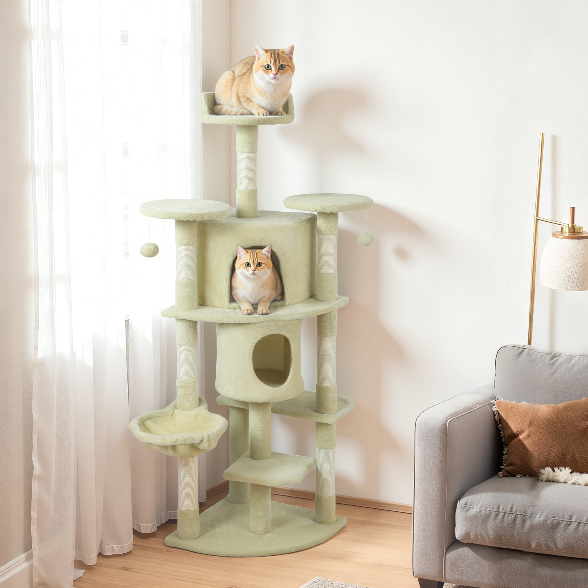 62" Cat Tree with Scratching Post, 2 Condos, Hammock, Perches, Plush, Pompoms, for Indoor Cats, Beige - Image 8