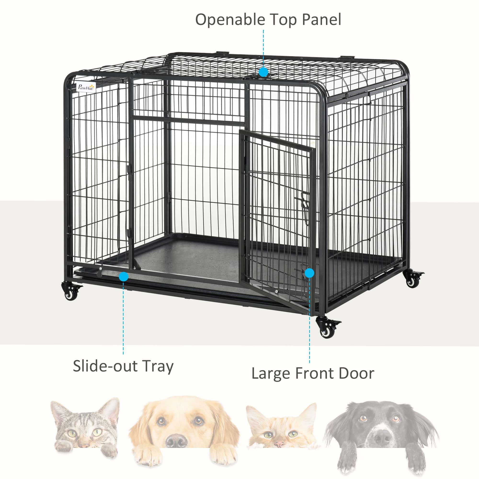 Folding Heavy Duty Dog Crate Heavy Duty Cage for Large Sized Dogs with Double Doors, Lockable Wheels Tray, 43" x 28" x 31"