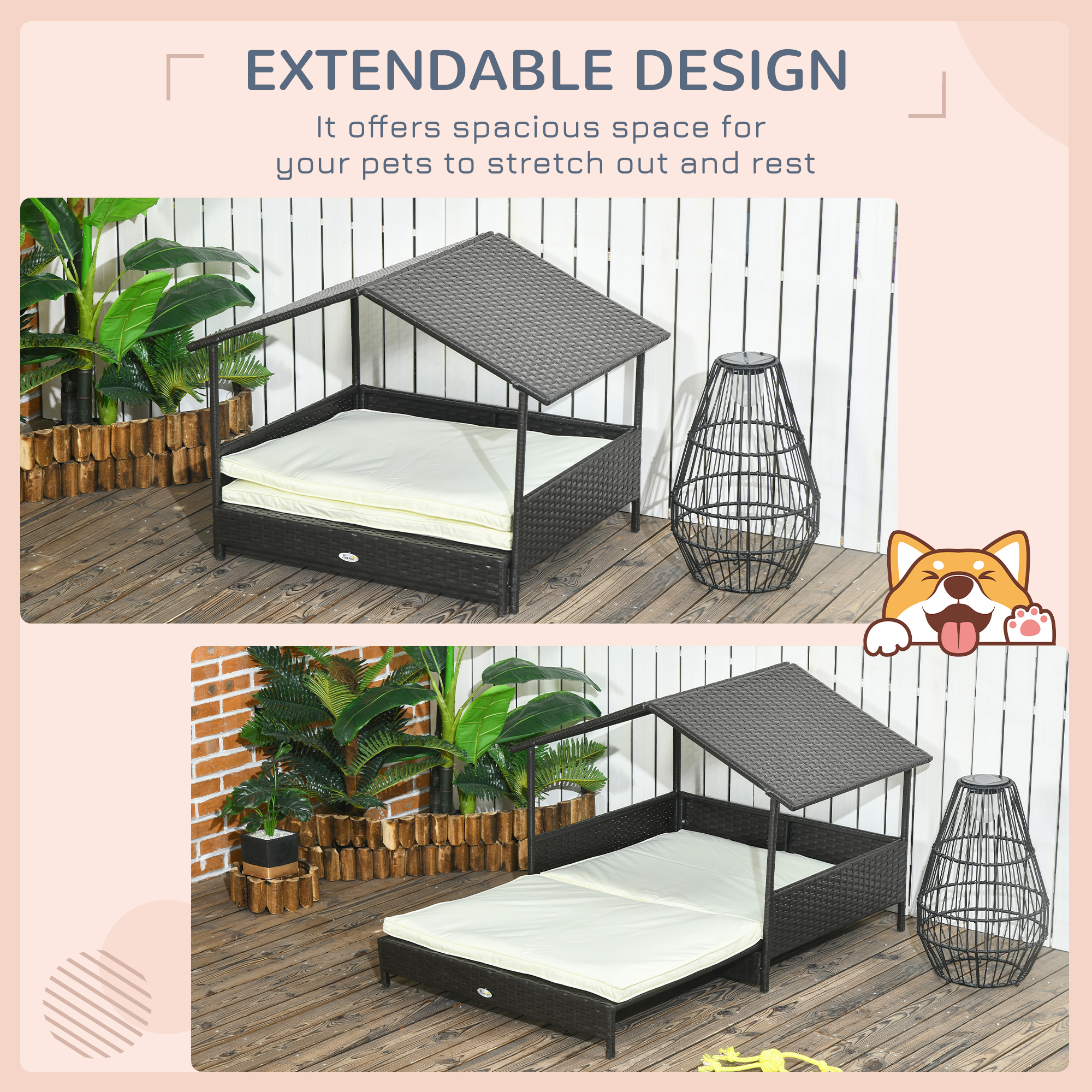 Rattan Dog House with Canopy, Wicker Dog Bed with Water-Resistant Cushion, for Small and Medium Breeds Cream White