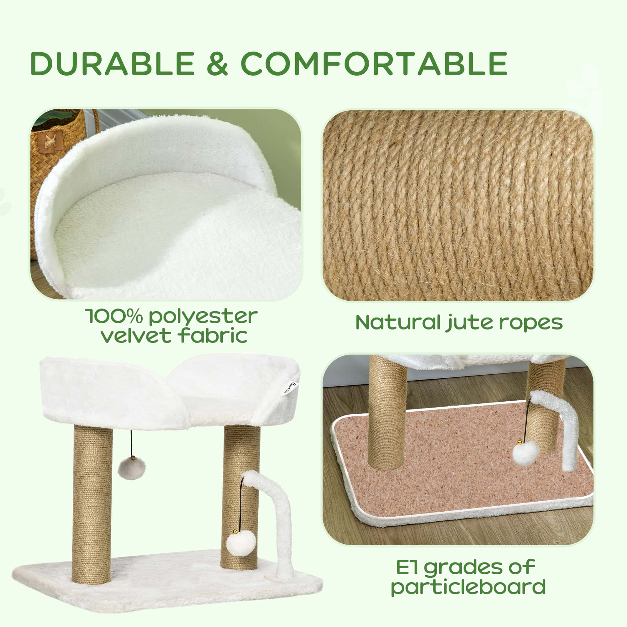 Cat Tower Condo for Indoor Cats, Small Cat Tree with Jute Scratching Posts, Top Perch, Dangling Balls, White