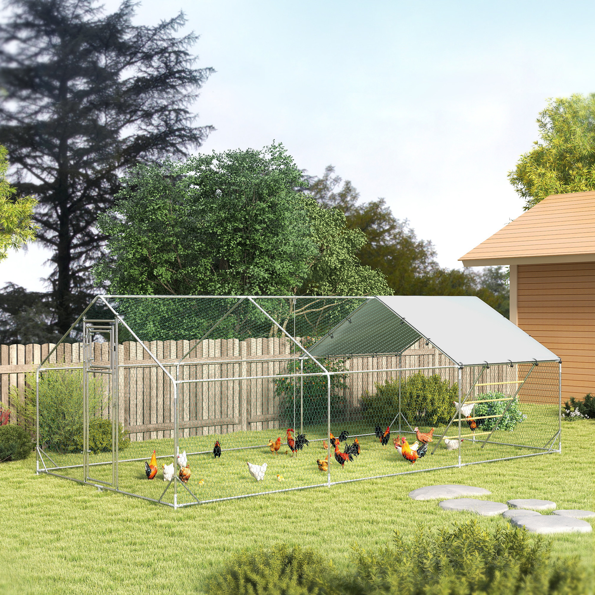 Large Metal Chicken Run with Waterproof & UV-Resistant Cover, Feeding Door, Hanging Feeder, Perch for 18-24 Chickens