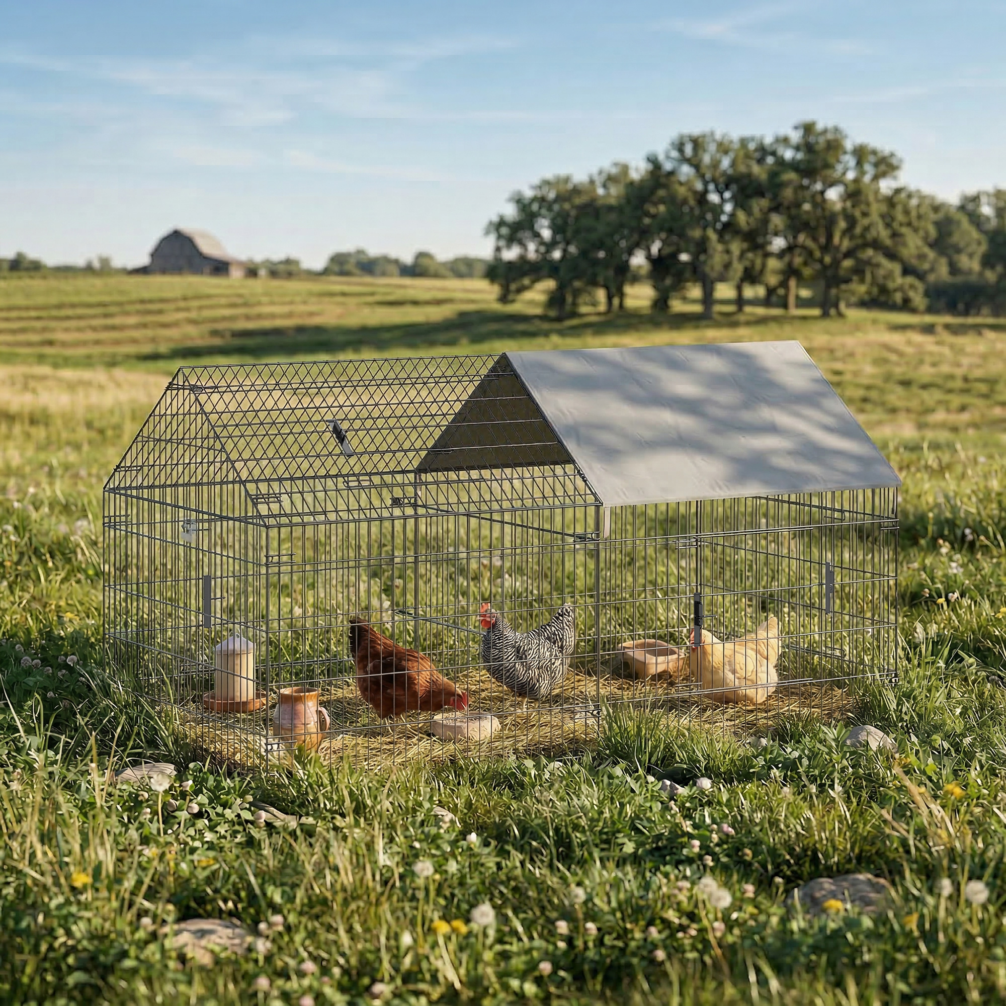 Metal Chicken Coop, Large Chicken Run with Water-Resistant & Anti-UV Cover for 2-3 Hens, Outdoor Hen House with 4 Doors