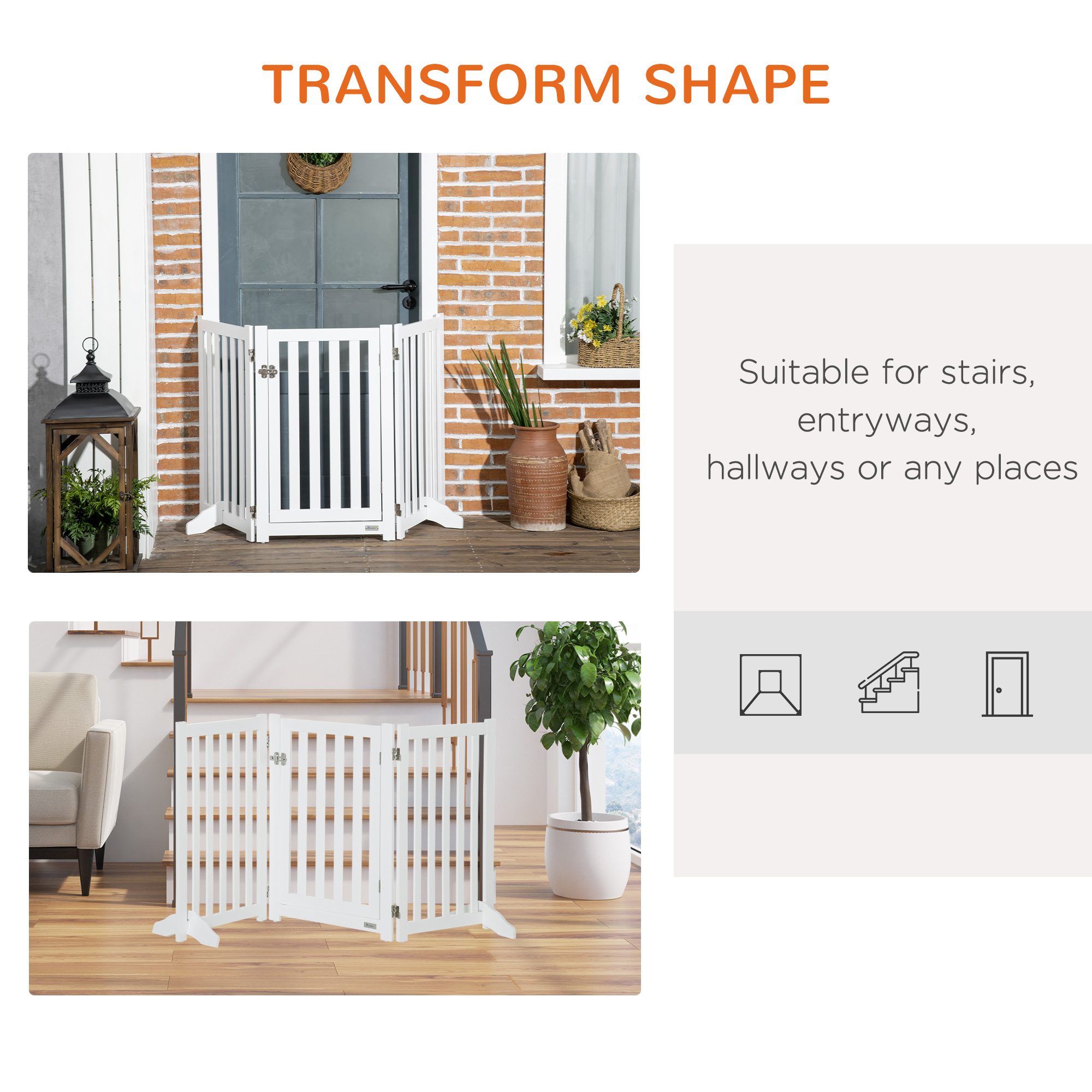 31.5"H Foldable Dog Gate with Door, 3 Panels Freestanding Pet Gate Barriers Indoor with Support Feet, Puppy Fence for Small Medium Dogs, White