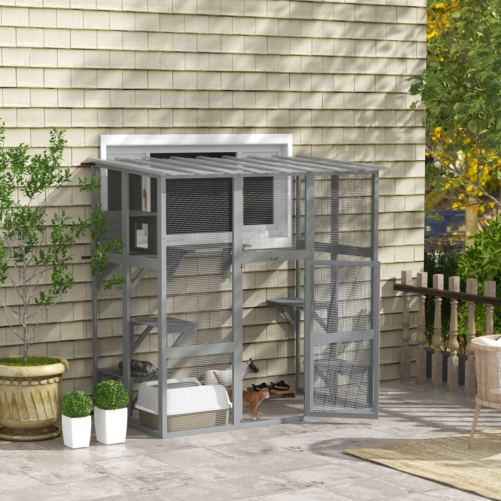 Large Outdoor Catio with Weatherproof Roof, Bridge, Resting Box, Platforms, Grey
