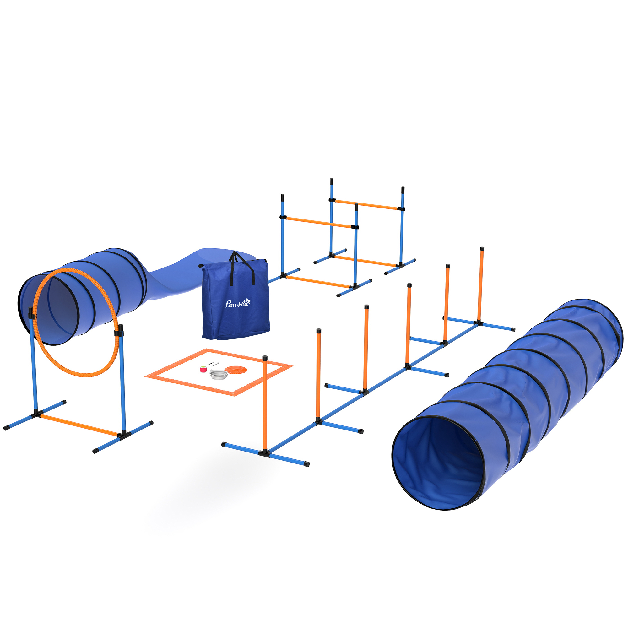 13-Piece Dog Agility Training Equipment Set, Pet Obstacle Course with 2 Tunnels, Adjustable Jumps, Orange Blue