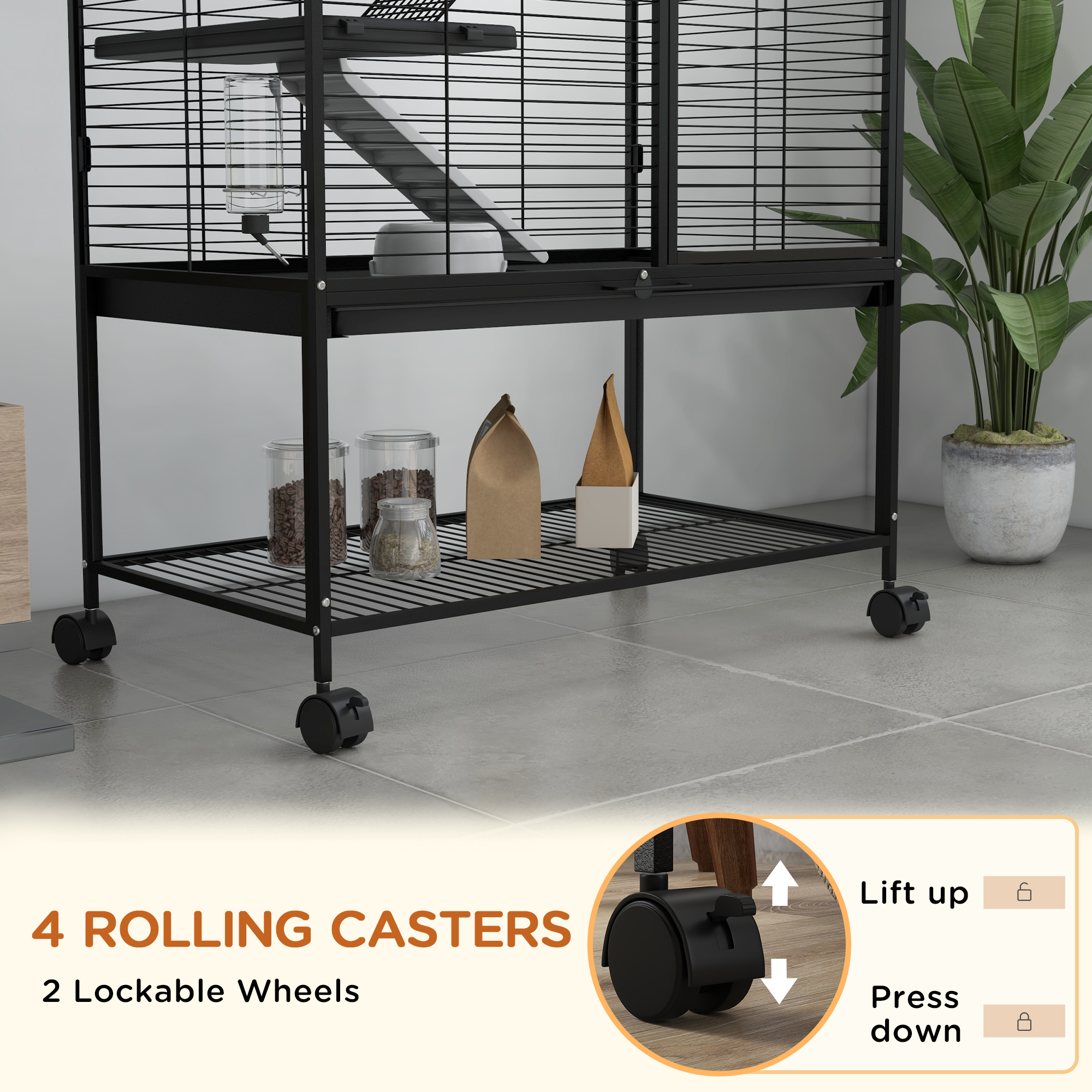 Rolling Small Animal Cage 54"H Chinchilla Cage for Ferrets, Squirrels w/ Removable Tray, Storage Shelf, Black
