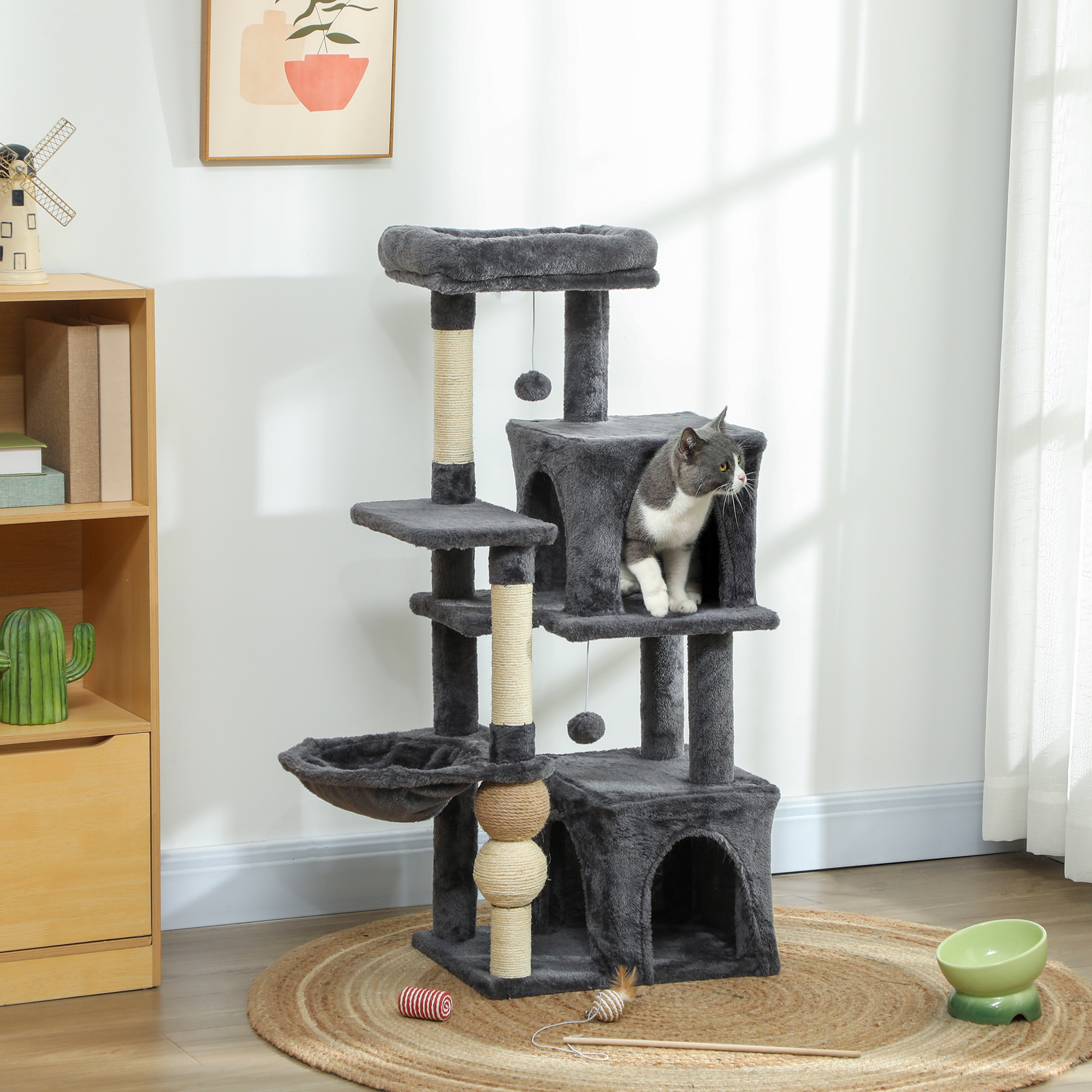Cat Tower, 42" Multi-Level Cat Tree with Padded Plush Perch, Hammock, 2 Door Condos, Scratching Posts, Toy Balls