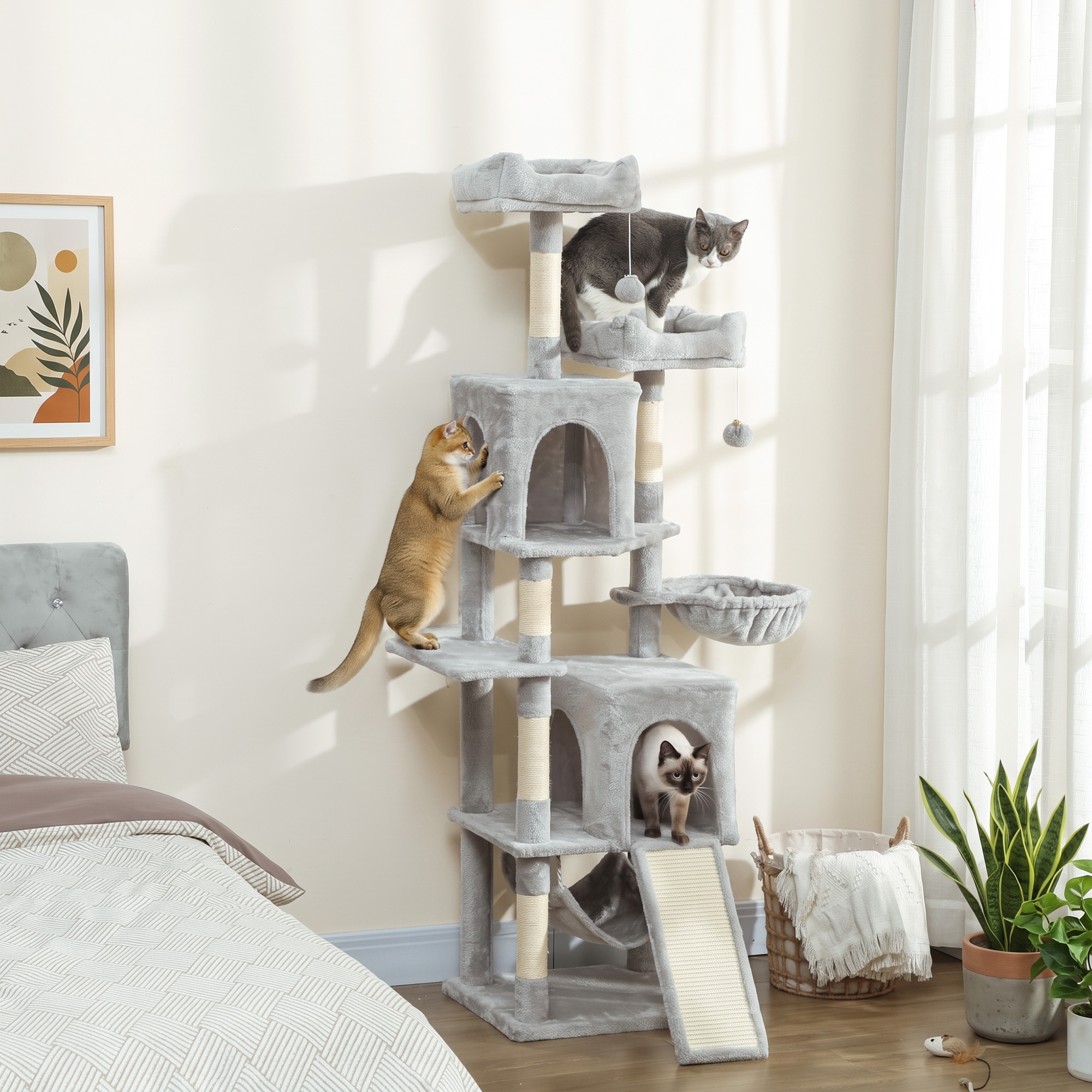 Cat Tree, 70" Multi-Level Cat Tower with 2 Condos, 2 Beds, Hammock, Toy Balls, Scratching Posts and Board, Light Grey