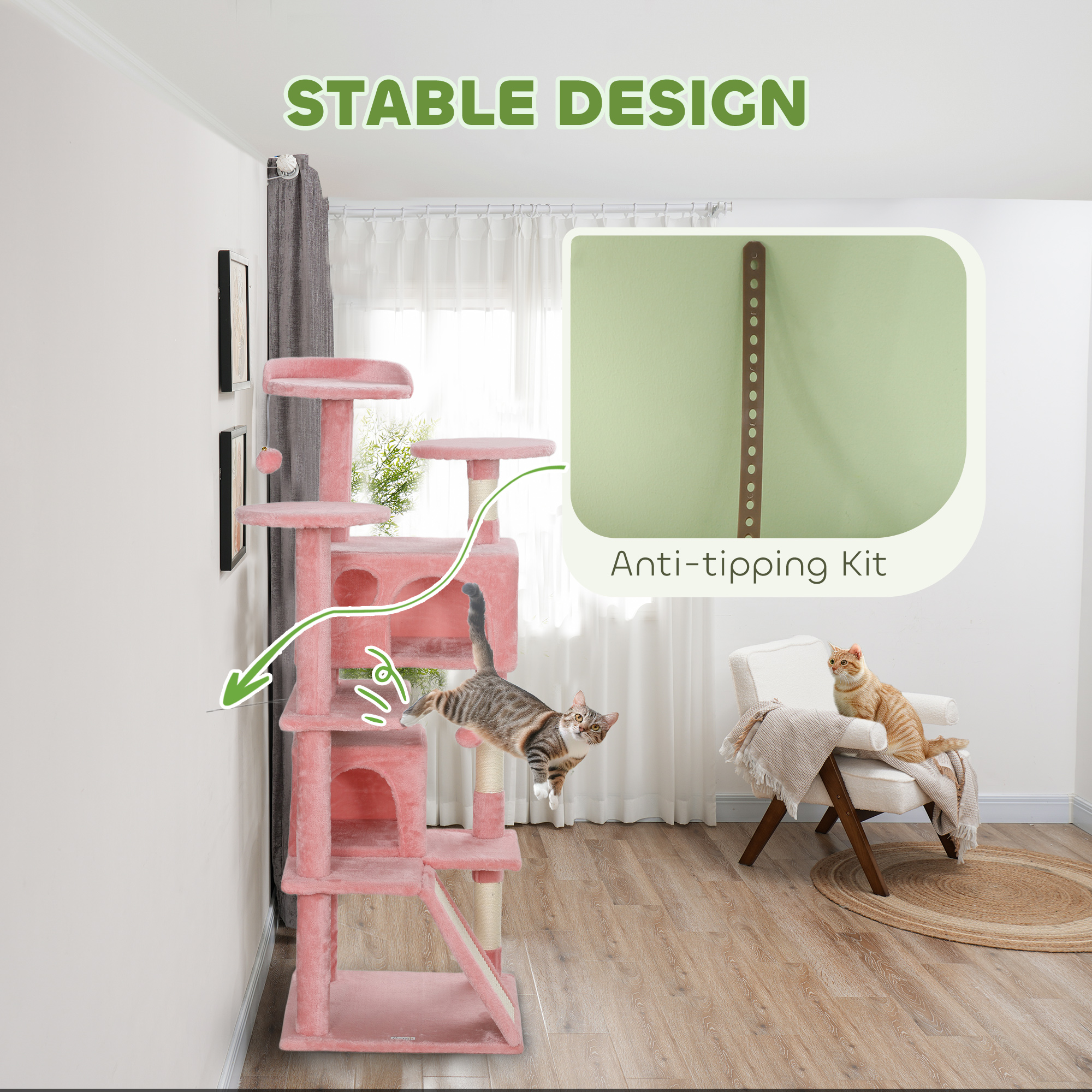 54" Cat Tree, Multi-Level Cat Tower with Scratching Posts, Cat Condos, Bed, Platforms, Ramp, Toy Ball, Pink