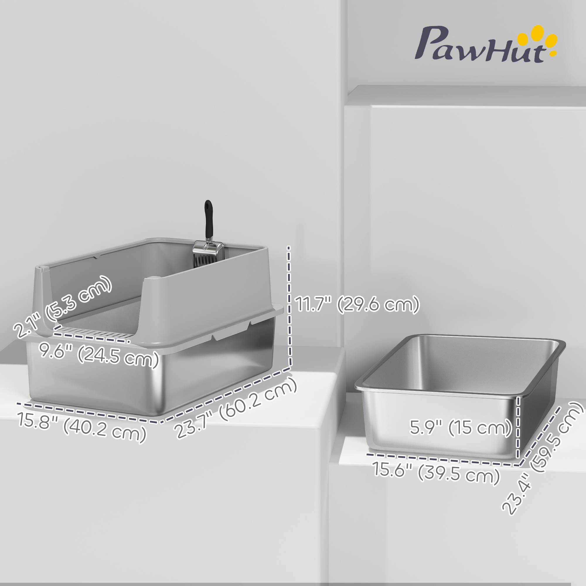XL Stainless Steel Cat Litter Box for Big and Multiple Cats with High Wall Side, Scoop, Easy Cleaning & Odor Free