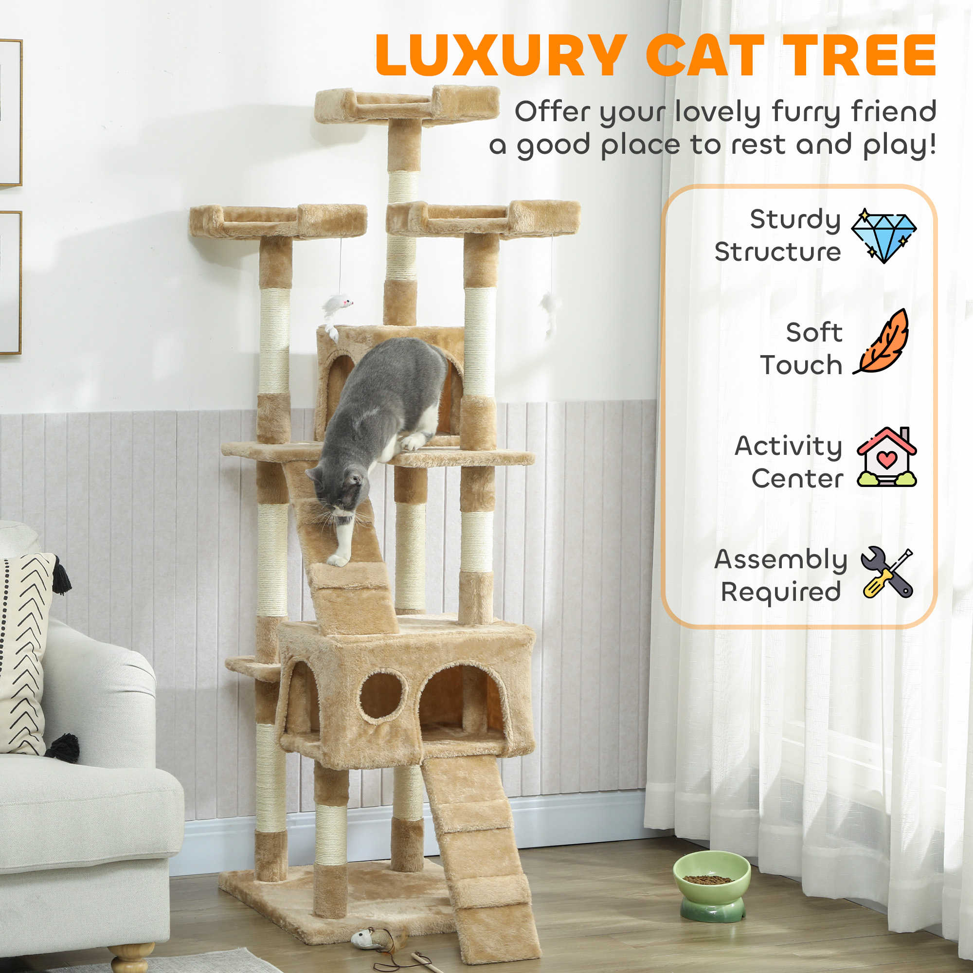 68-inch Multi-Level Cat Scratching Tree Kitty Activity Center Post Tower Condo Pet Furniture w/ Toy Light Brown