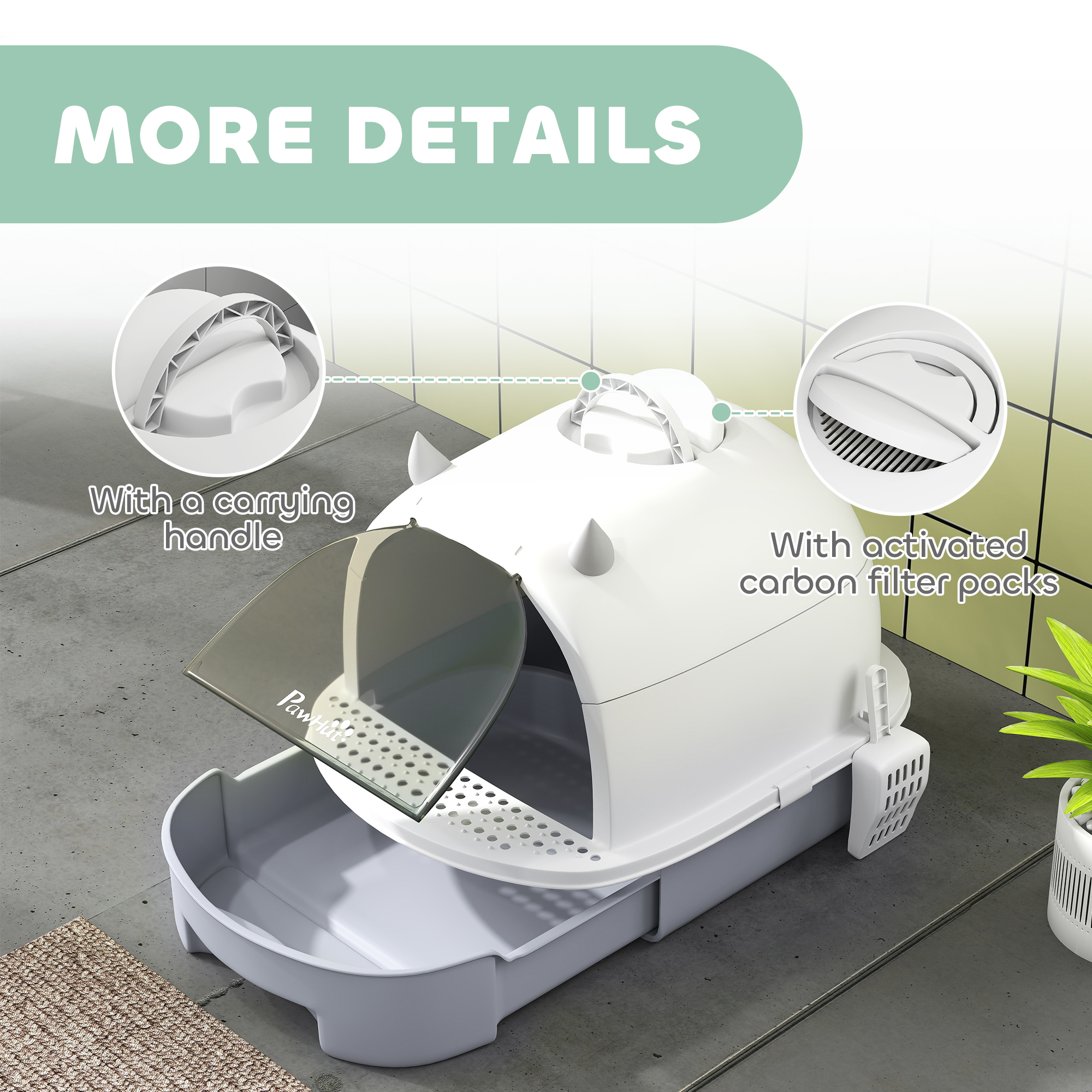 Cat Litter Box with Lid, Front Door Flap, Scoop, Handle, Easy Clean, for Small and Medium Cats, Grey - Image 7