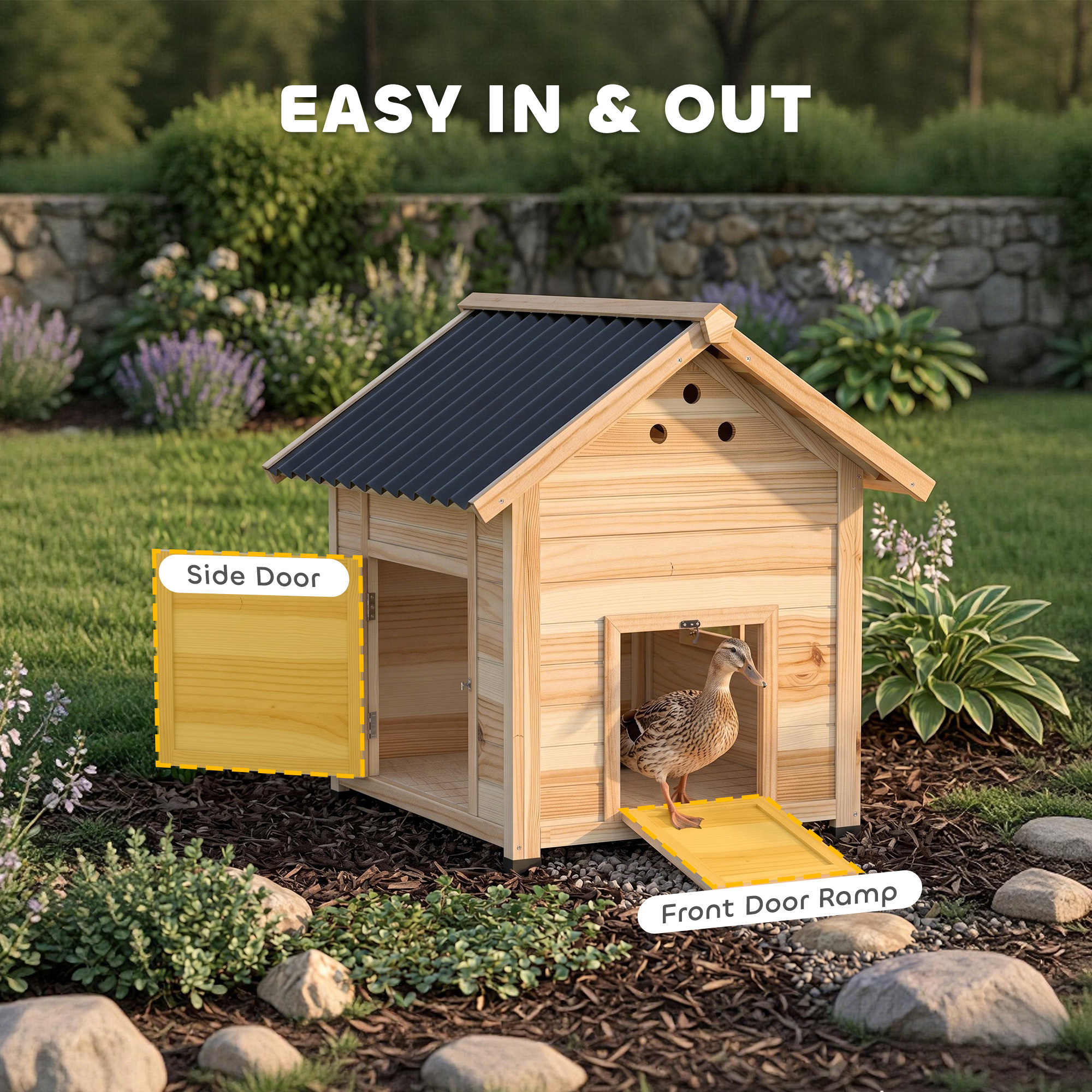 Duck Coop, Wooden Duck House with Openable Roof & Double Doors, Natural Wood - Image 5