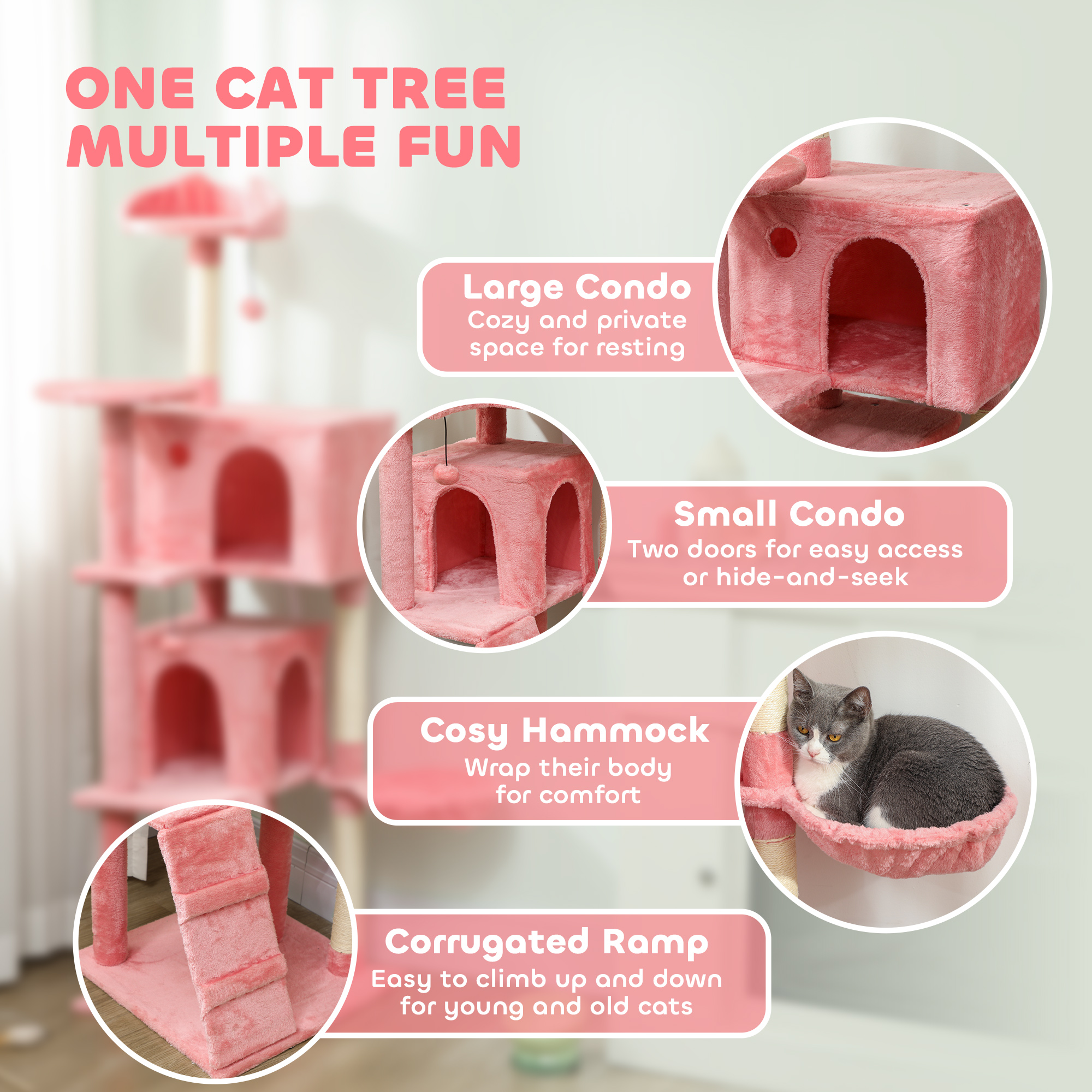63 Inch Cat Tree with Sisal Scratching Posts, Condos, Plush Perches, Hammock, Ladder, Dangling Balls, Pink