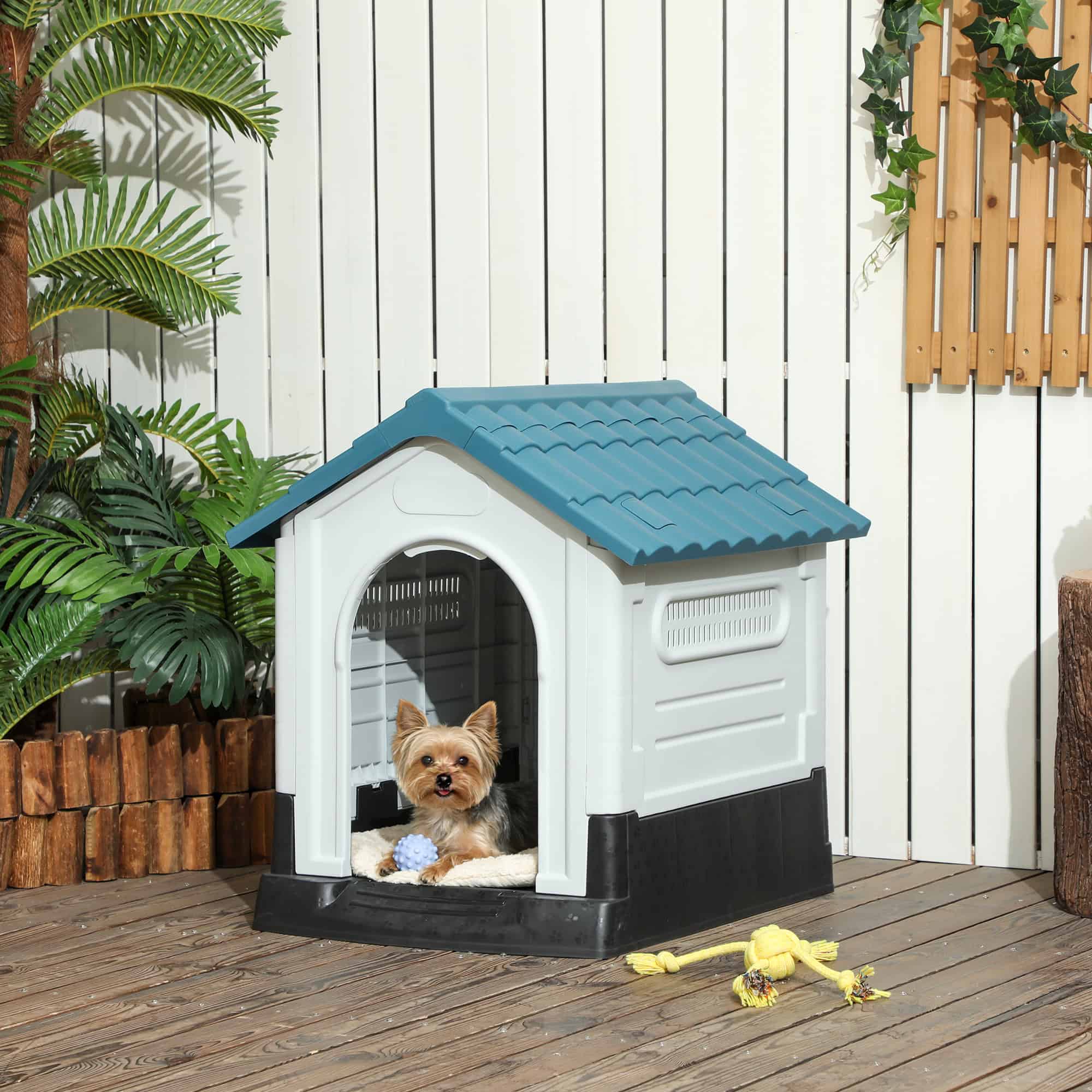 Outside Dog Kennel House with Windows, Base Support, for Garden Patio, Miniature Dogs, 64.5 x 57 x 66cm, Blue