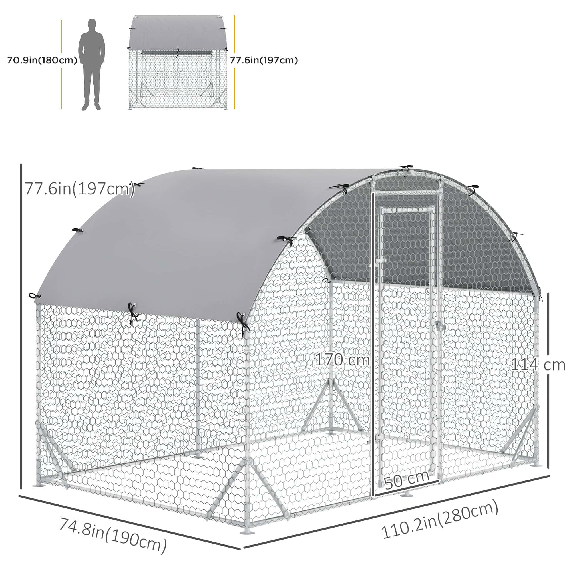 Galvanized Large Metal Chicken Coop Cage Walk-in Enclosure Poultry Hen Run House Playpen Rabbit Hutch with Cover for Outdoor Backyard 9.2' x 6.2' x 6.5' Silver