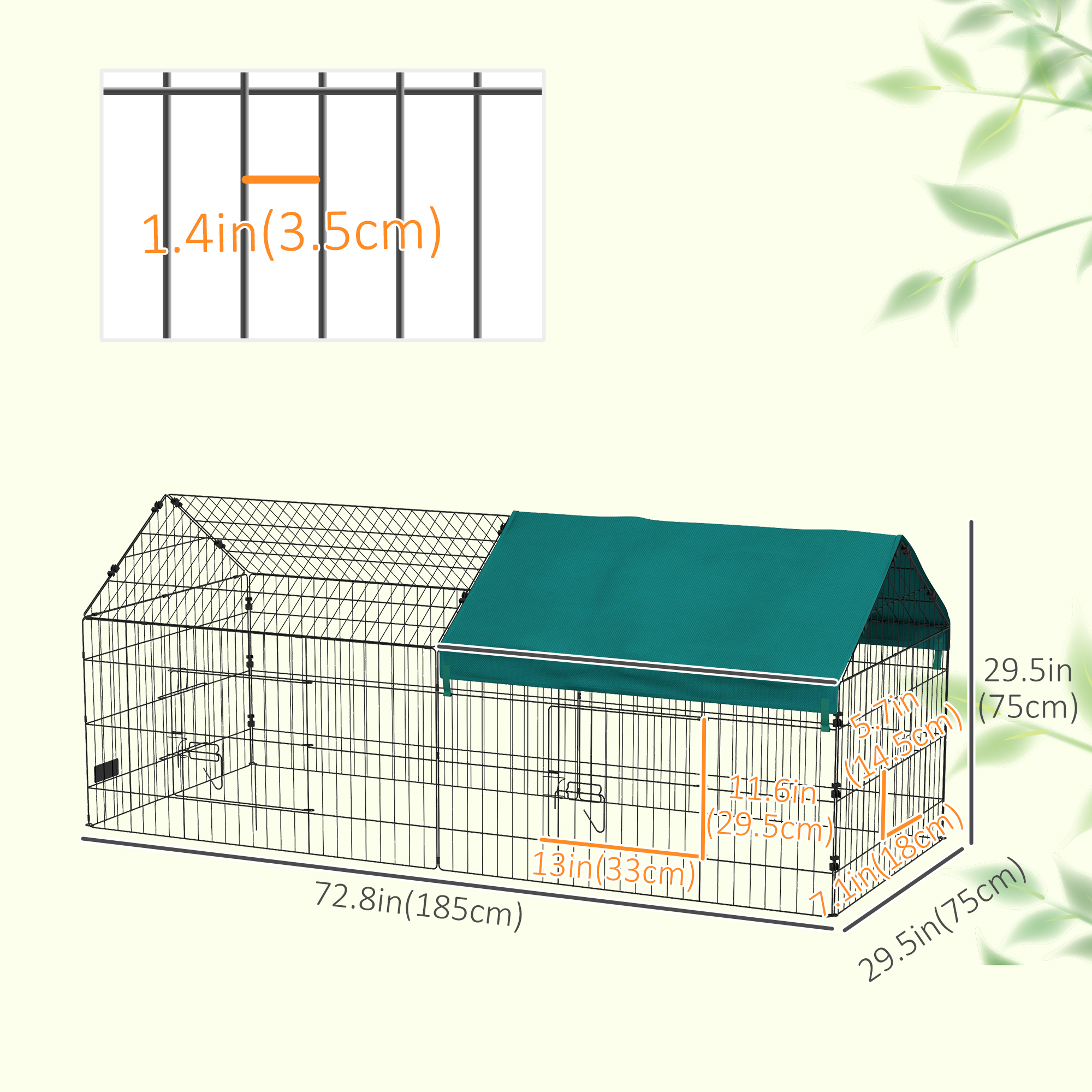 73" Small Animal Cage with Roof, Indoor/Outdoor Use, for Chicken, Rabbits, Chinchillas, Green - Image 3