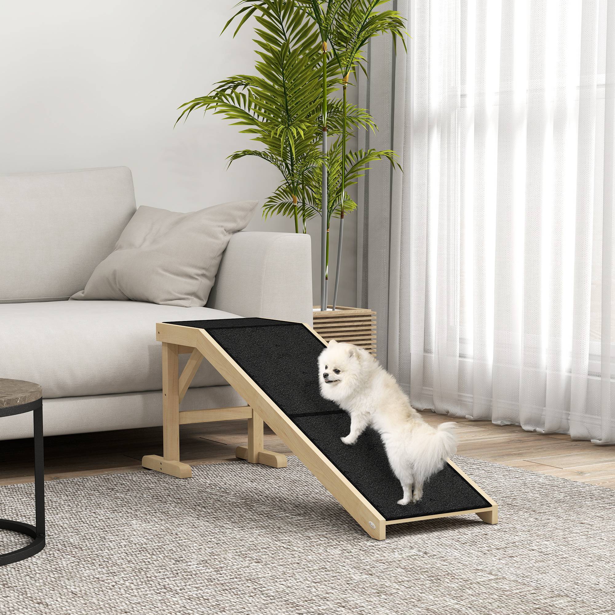 Pet Ramp Bed Steps for Dogs Cats Non-slip Carpet Top Platform Pine Wood 59"L x 16"W x 20"H Natural Wood