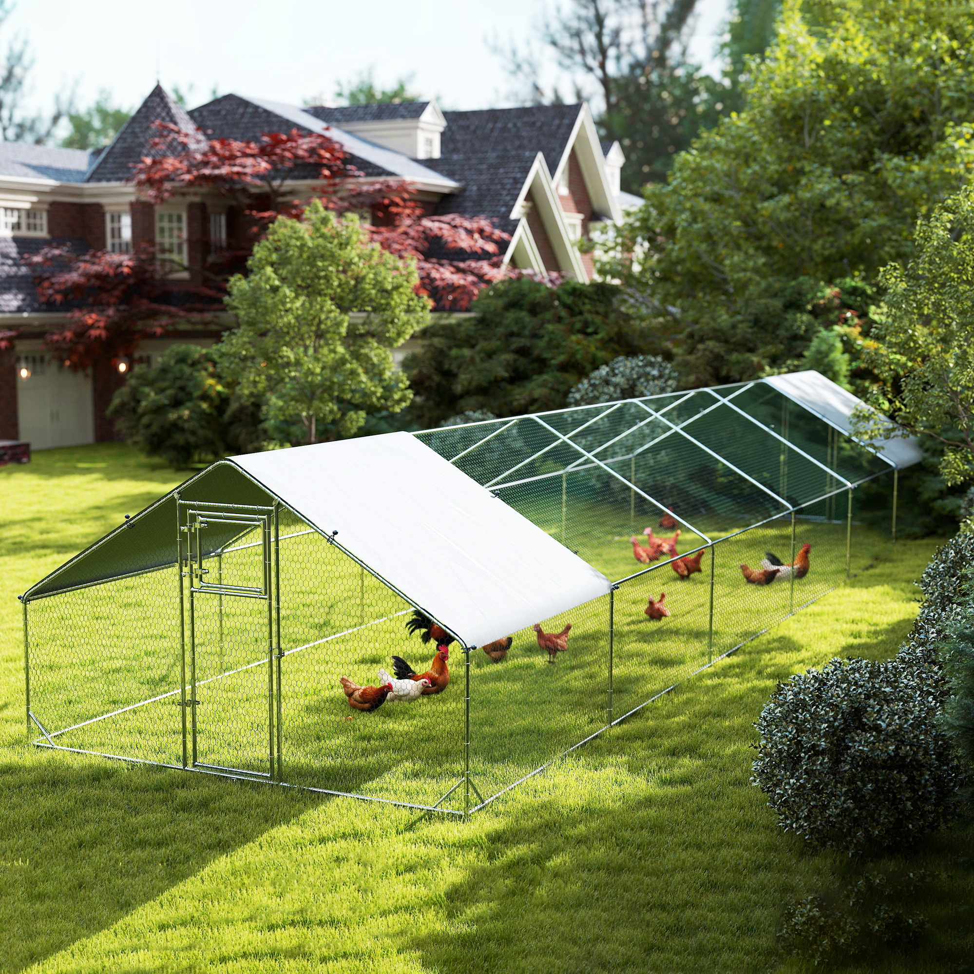 Metal Chicken Coop with Water- and UV-Protection Cover for Backyard Hen, Duck, Rabbit, 39.4' x 9.8' x 6.4'