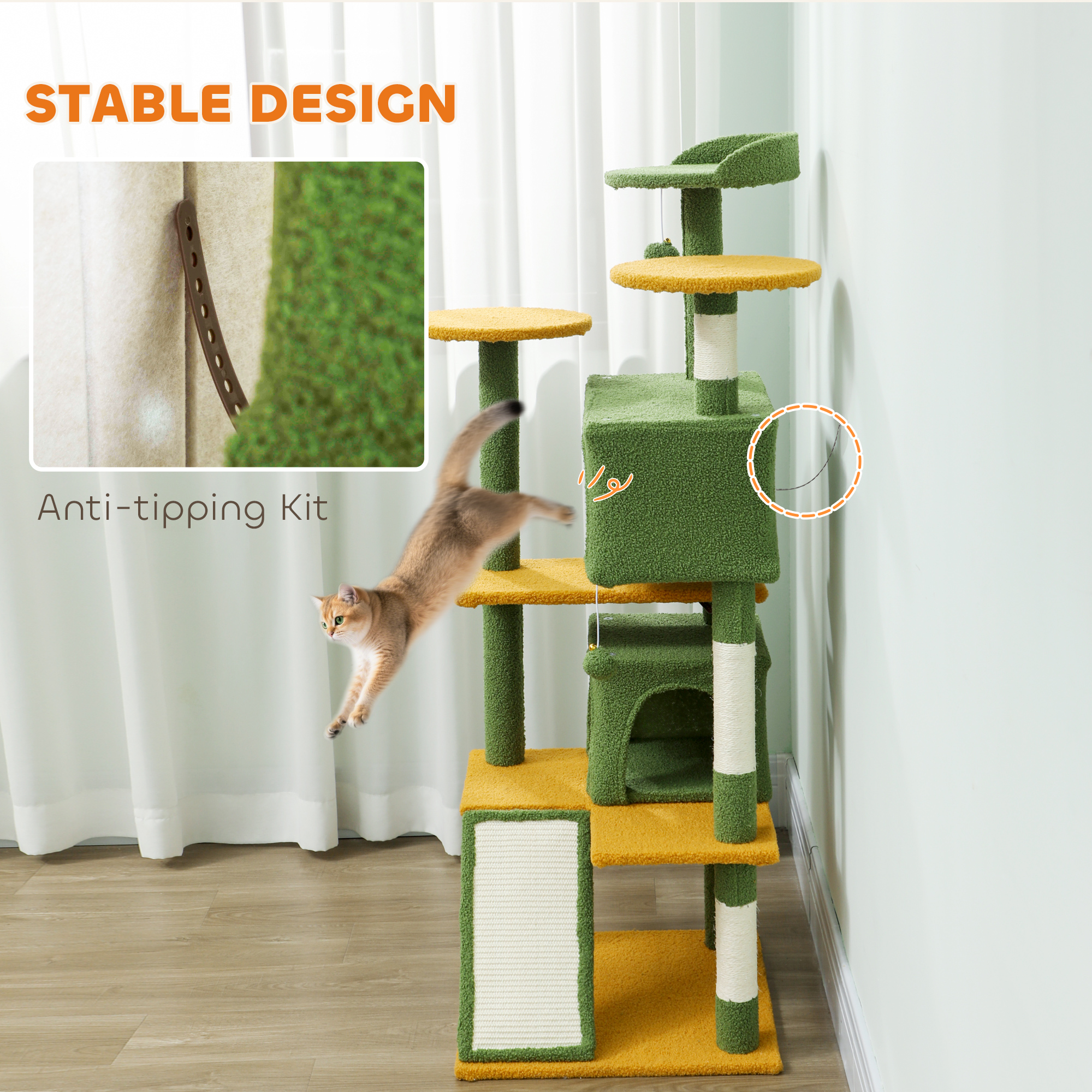54" Cat Tree, Multi-Level Cat Tower with Scratching Posts, Cat Condos, Bed, Platforms, Ramp, Toy Ball, Green