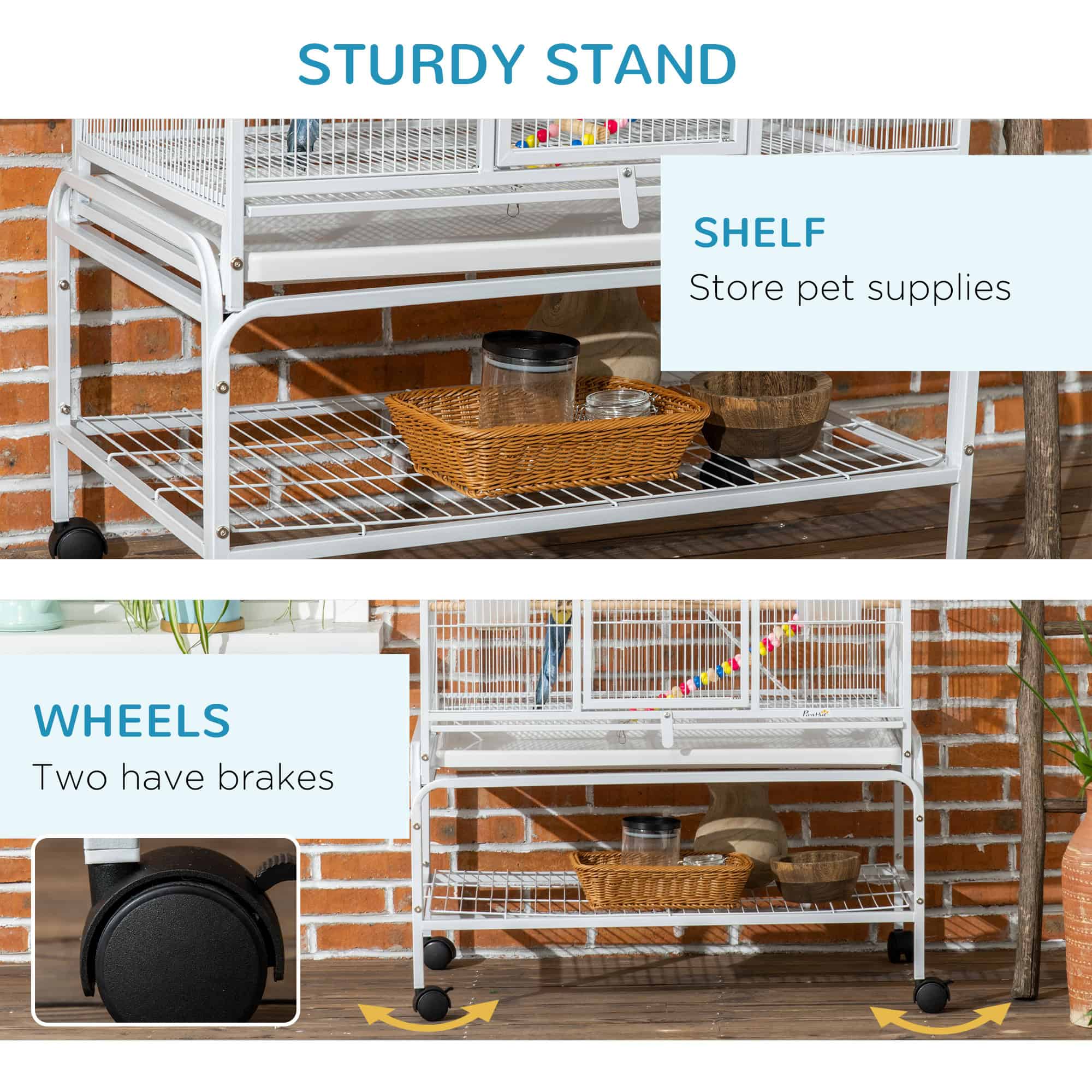 71" Bird Cage with Wheels Perches, Ramp, Storage Shelf, Toys for Canaries, Finches, Cockatiels, Parakeets, White
