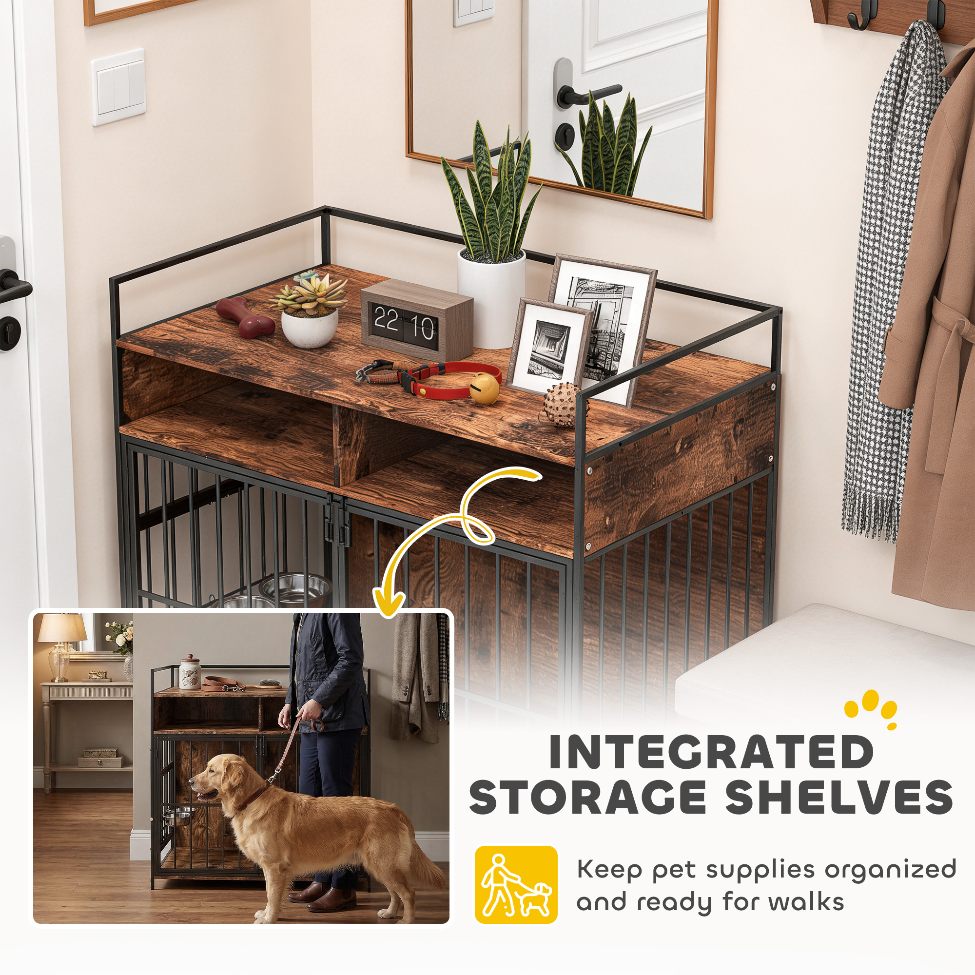 Dog Crate Furniture with Rotating Feeding Station Dog Kennel End Table Storage Shelves, Rustic Brown
