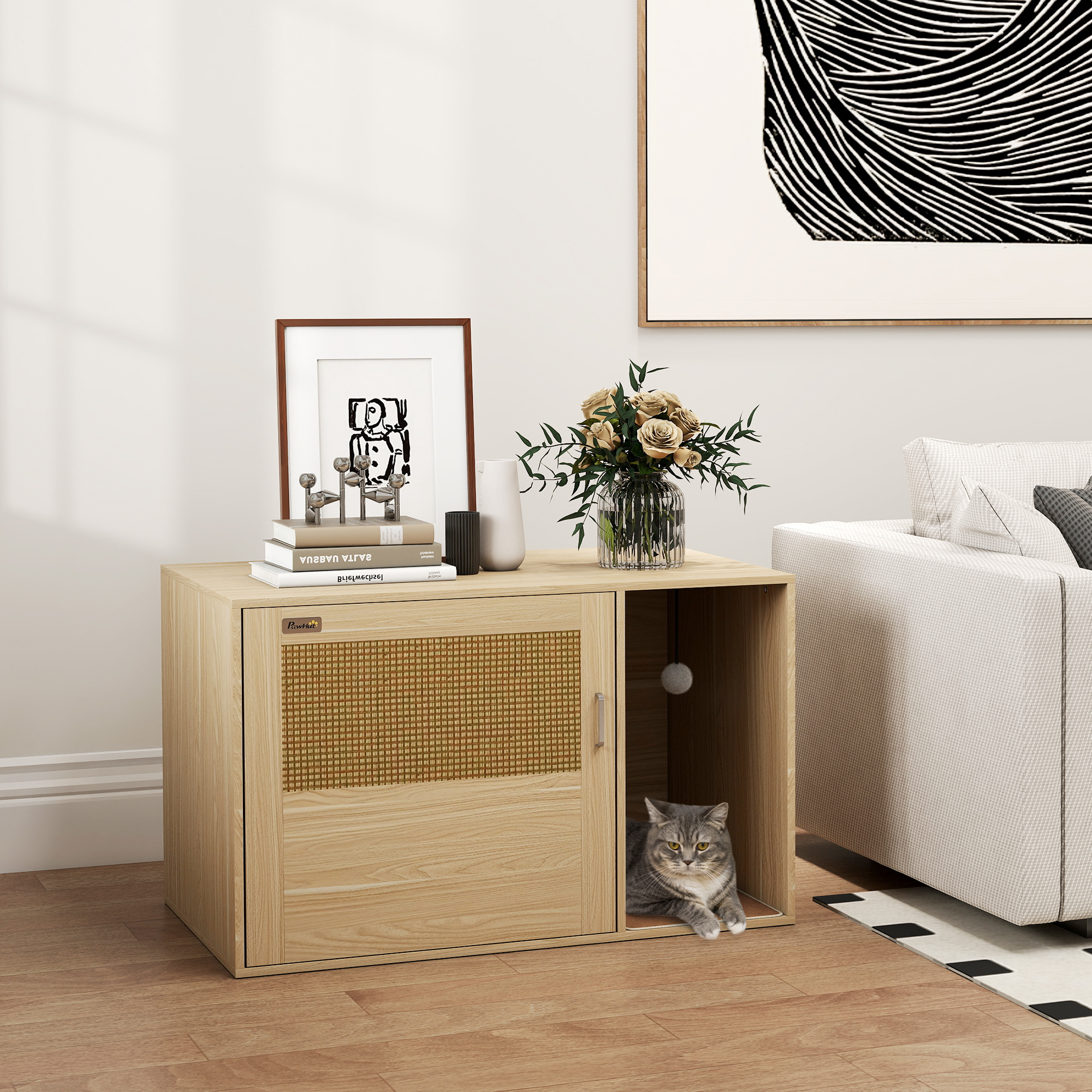 Cat Litter Box Enclosure, Cat Washroom End Side Table with Rattan Door, Scratching Pad, Non-slip Foot Pads, Oak