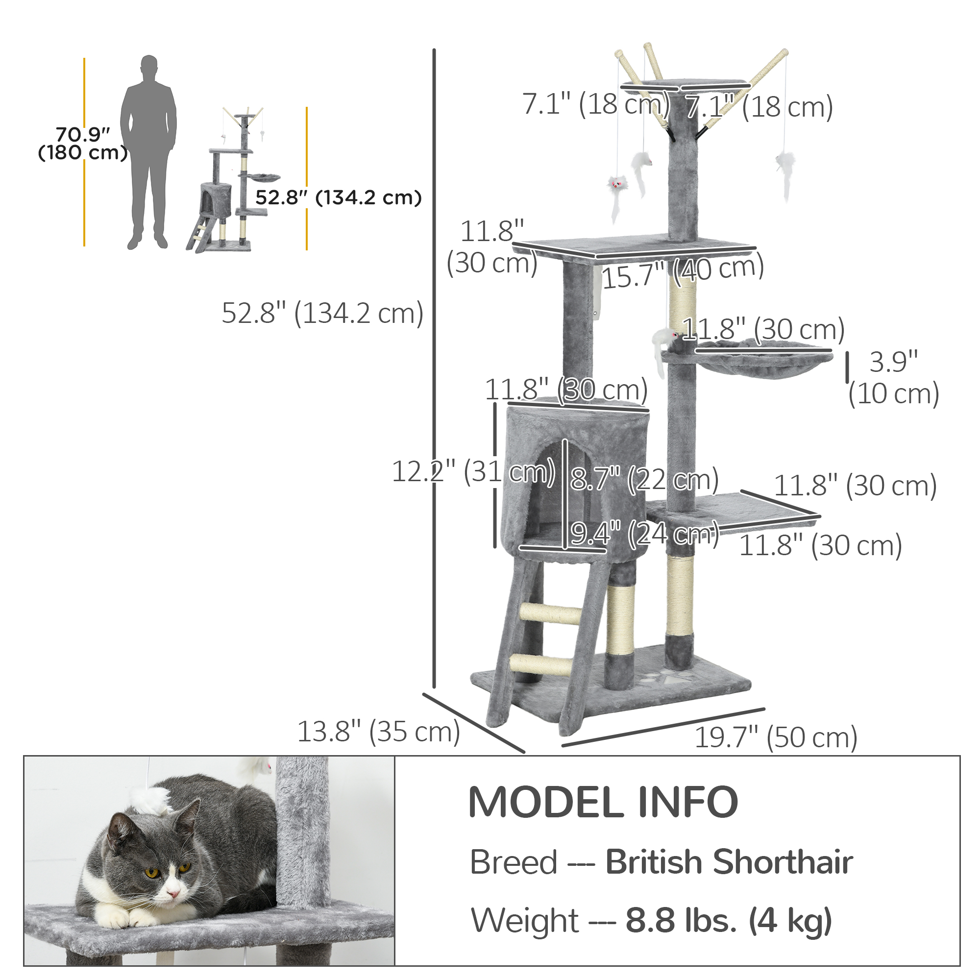 53" Cat Tree Tower, Kitten Activity Centre with Scratching Posts, Condo, Perches, Ladder, Hammock, Dangling Toys, Grey