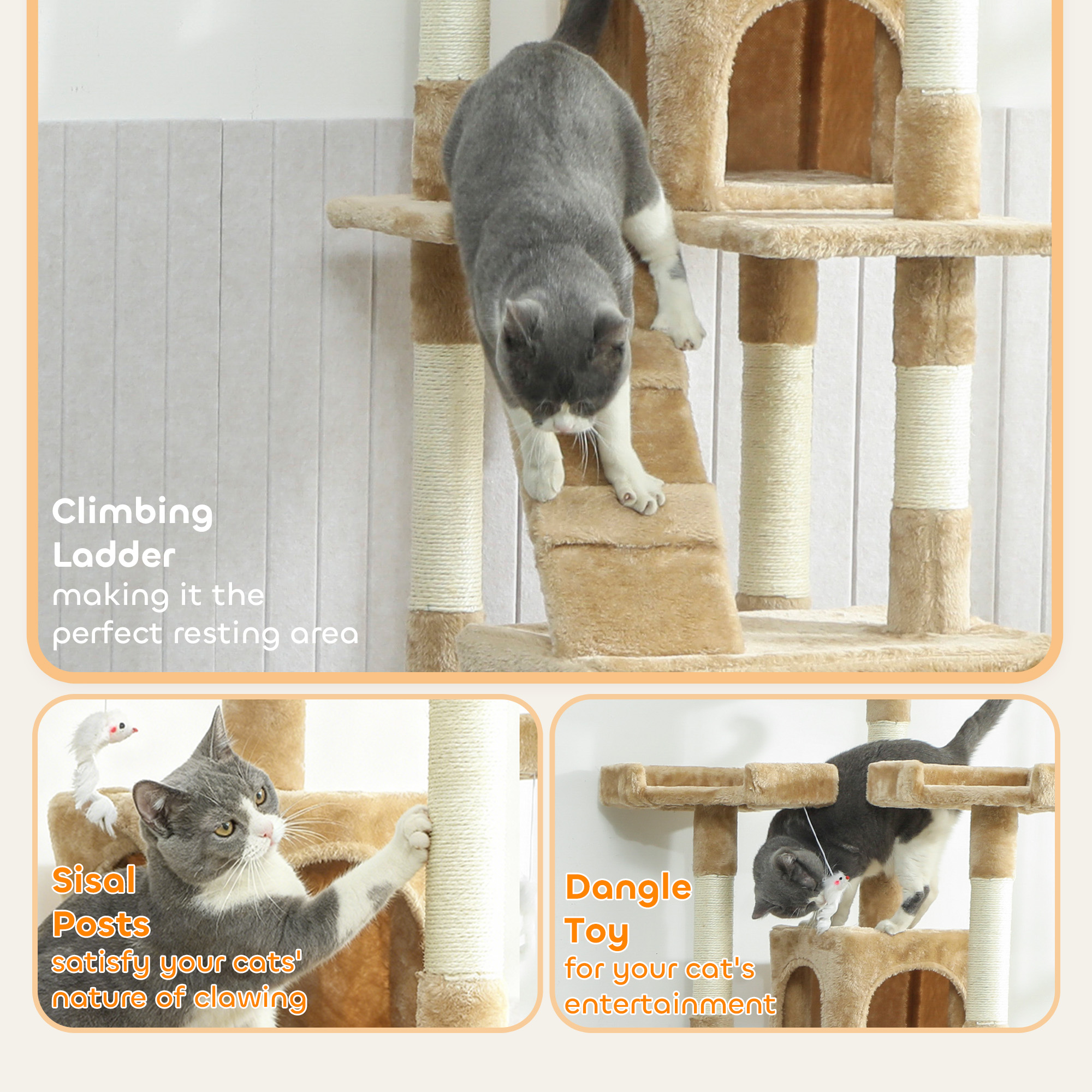 68-inch Multi-Level Cat Scratching Tree Kitty Activity Center Post Tower Condo Pet Furniture w/ Toy Light Brown