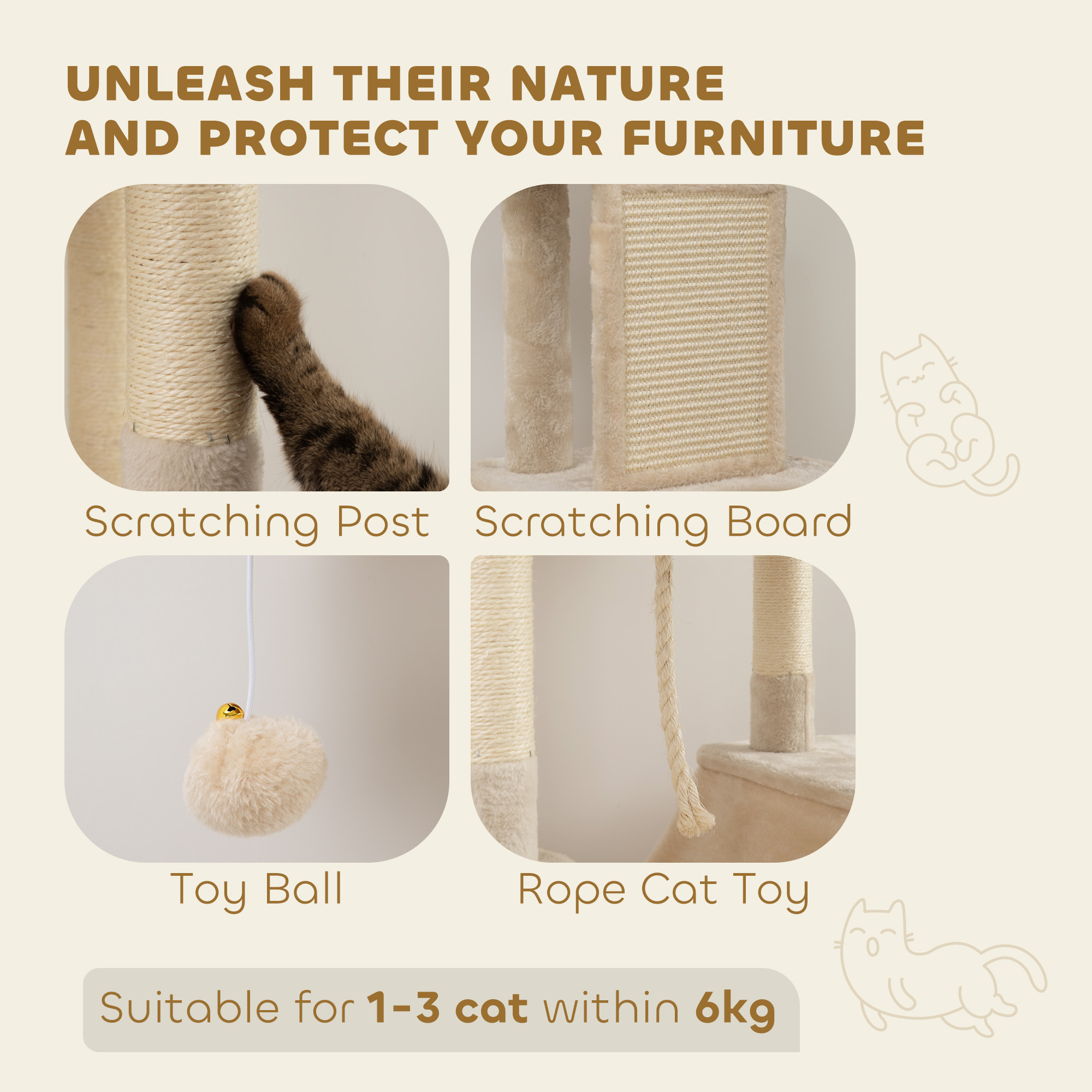 81" Large Cat Tree w/ Scratching Posts, Condos, Beds, Hammocks, Jumping Platforms, Toy Balls, Rope Cat Toy, Beige