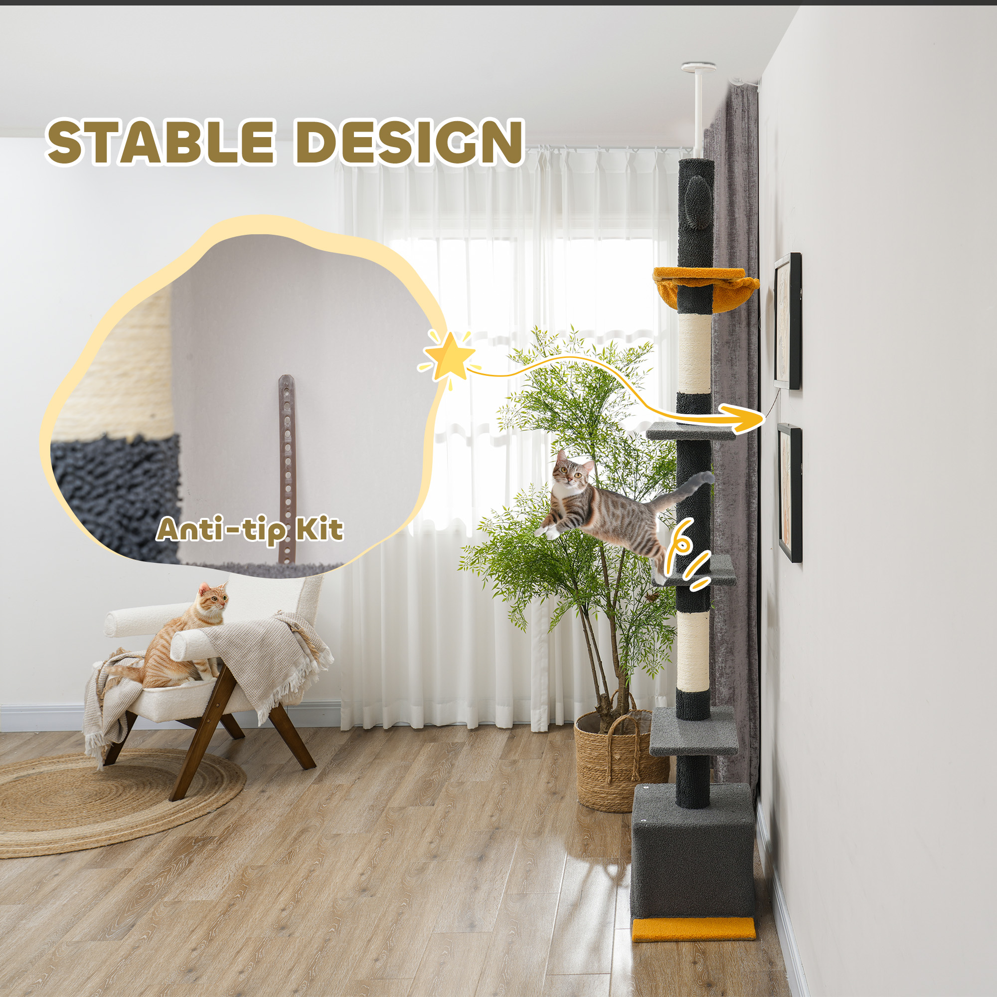 Floor to Ceiling Cat TreeTower with 90.5"-108" Adjustable Height, Scratching Posts, Hammock, Condo, Toy Ball, Dark Grey