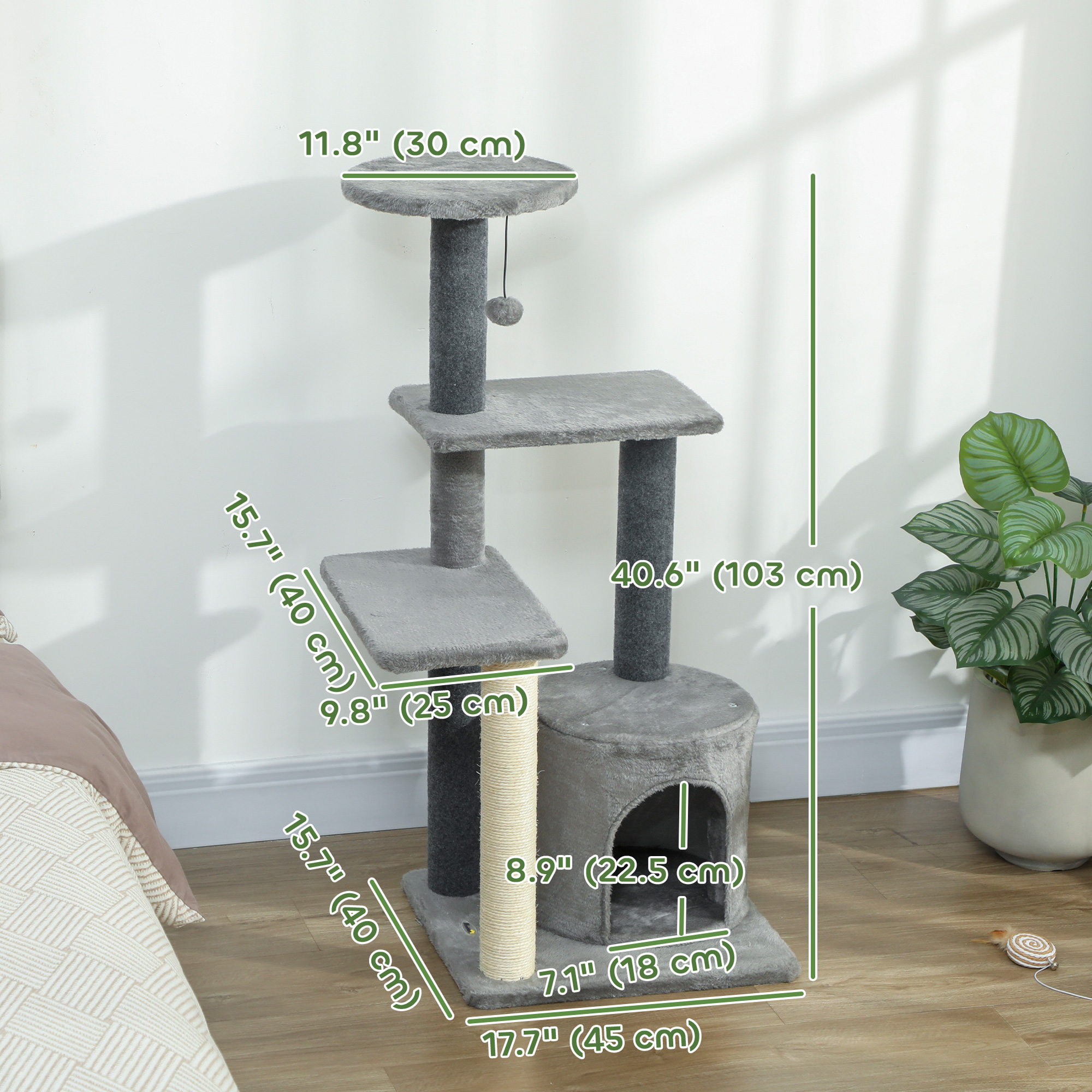 Cat Tree Cat Tower Multi-Level with Sisal Scratching Post for Kittens and Adults Grey Large 41"H