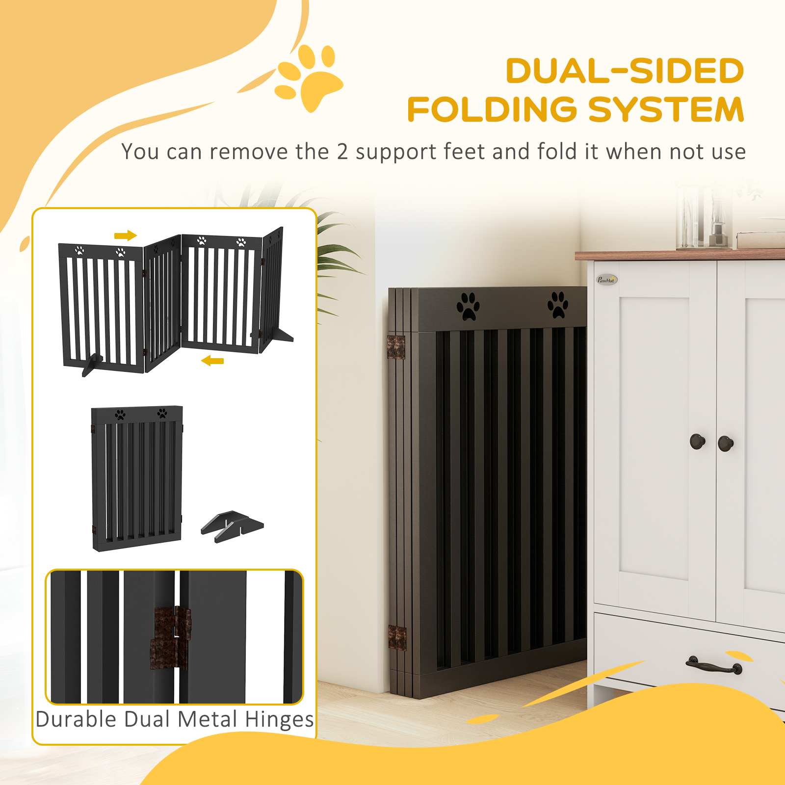 80" Extra Wide Freestanding Pet Gate with Support Feet, Black