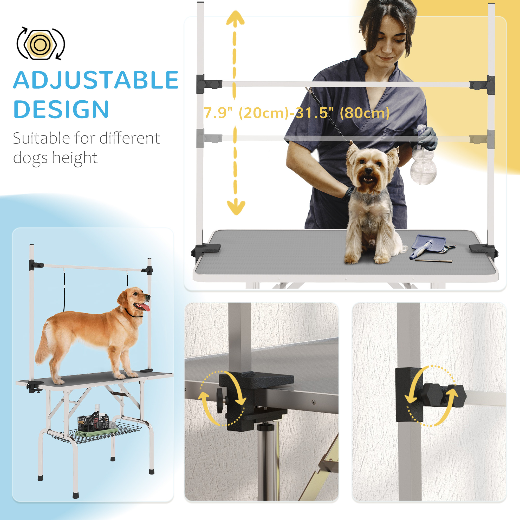 Adjustable Dog Grooming Table with 2 Safety Slings, Storage Basket, Grey