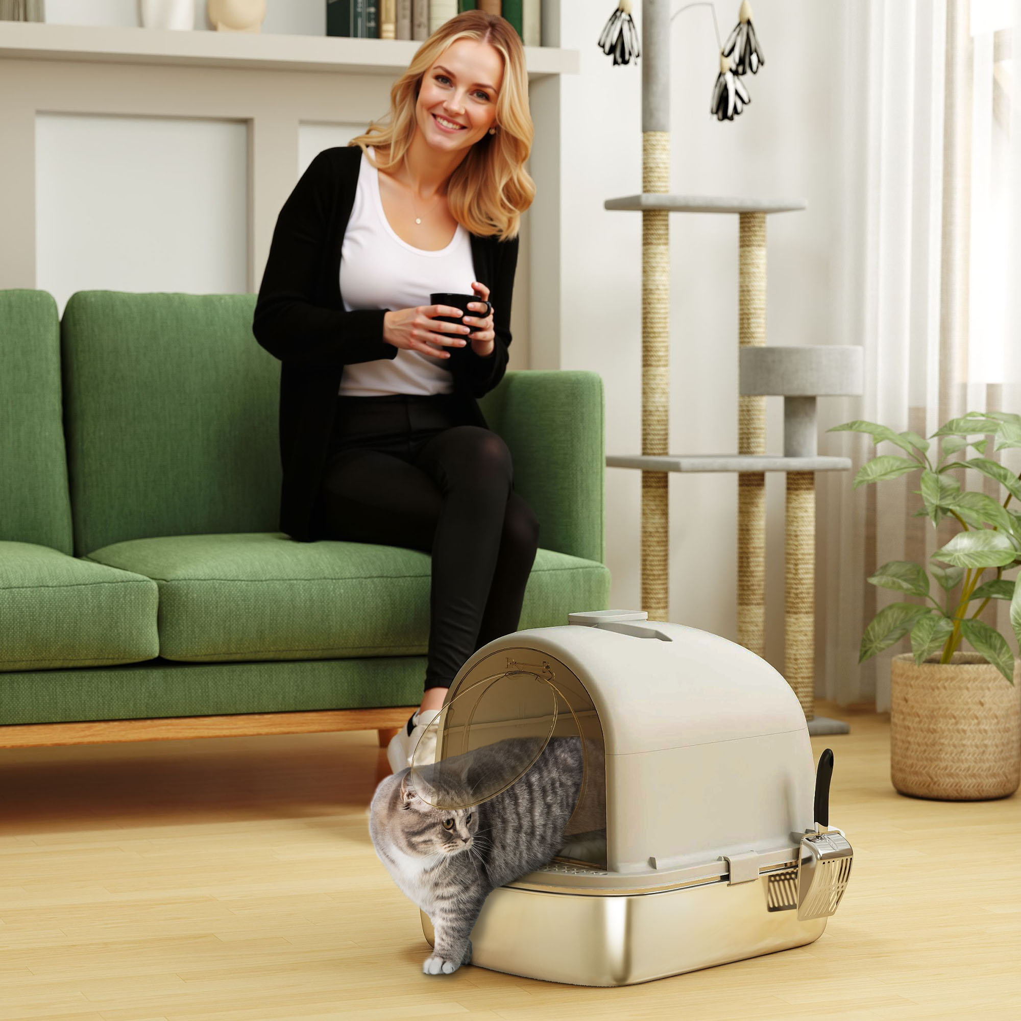Enclosed Stainless Steel Litter Box, Metal Cat Litter Box with Scoop, Deodorizer Bag, Handle, Easy to Clean