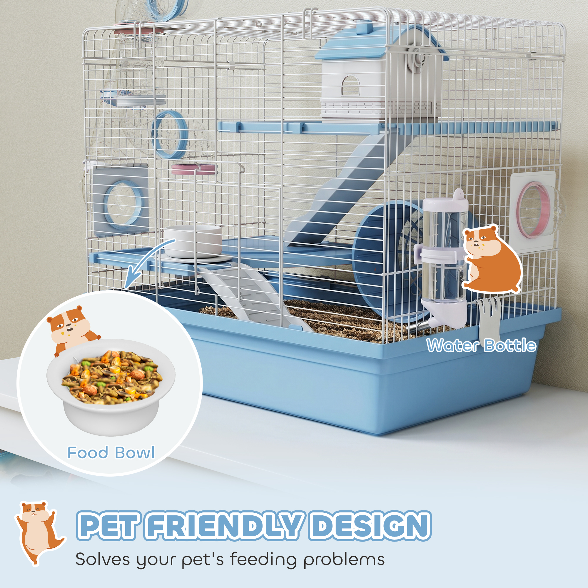 Hamster Cage, 3-Tier Small Animal Cage with Excerise Wheel, Food Bowl, Water Bottle, House, Tunnels, Ramps