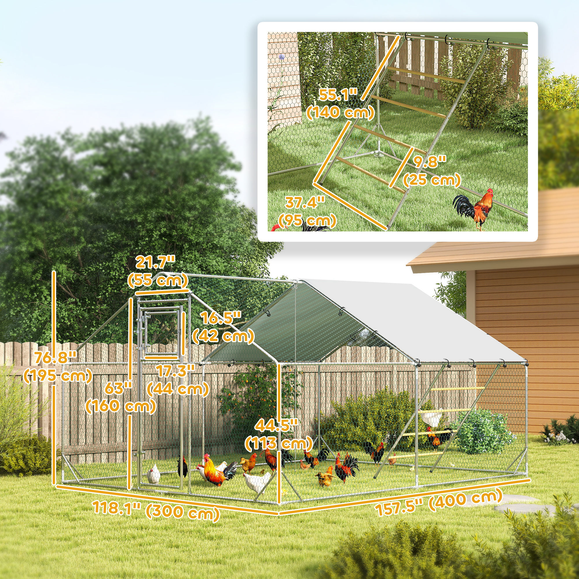 Large Metal Chicken Run with Waterproof & UV-Resistant Cover, Feeding Door, Hanging Feeder, Perch for 12-18 Chickens