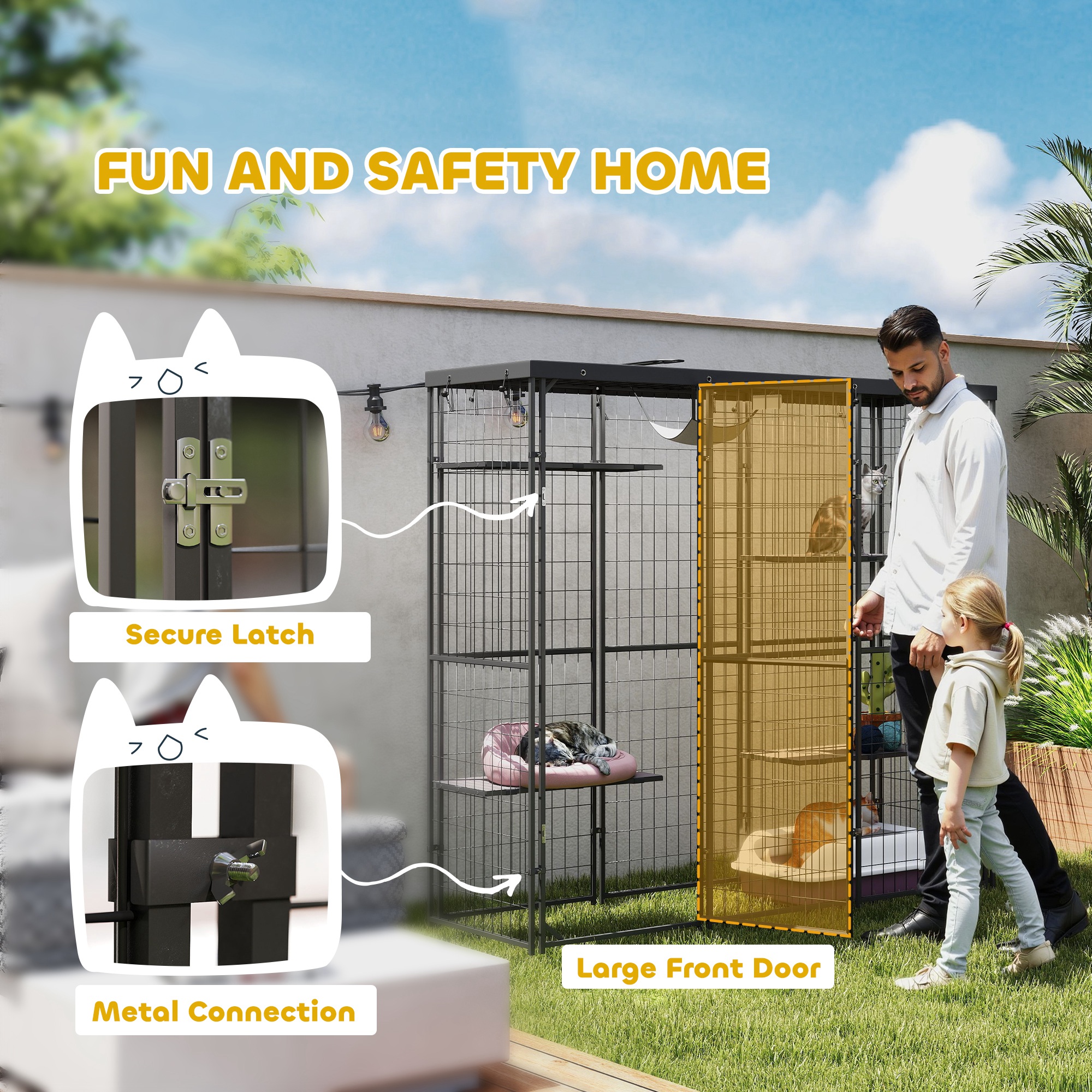 Weld Wire Catio Outdoor Indoor with Waterproof Cover, 4 Jumping Platforms, Hammock, 69" x 22" x 62", Black