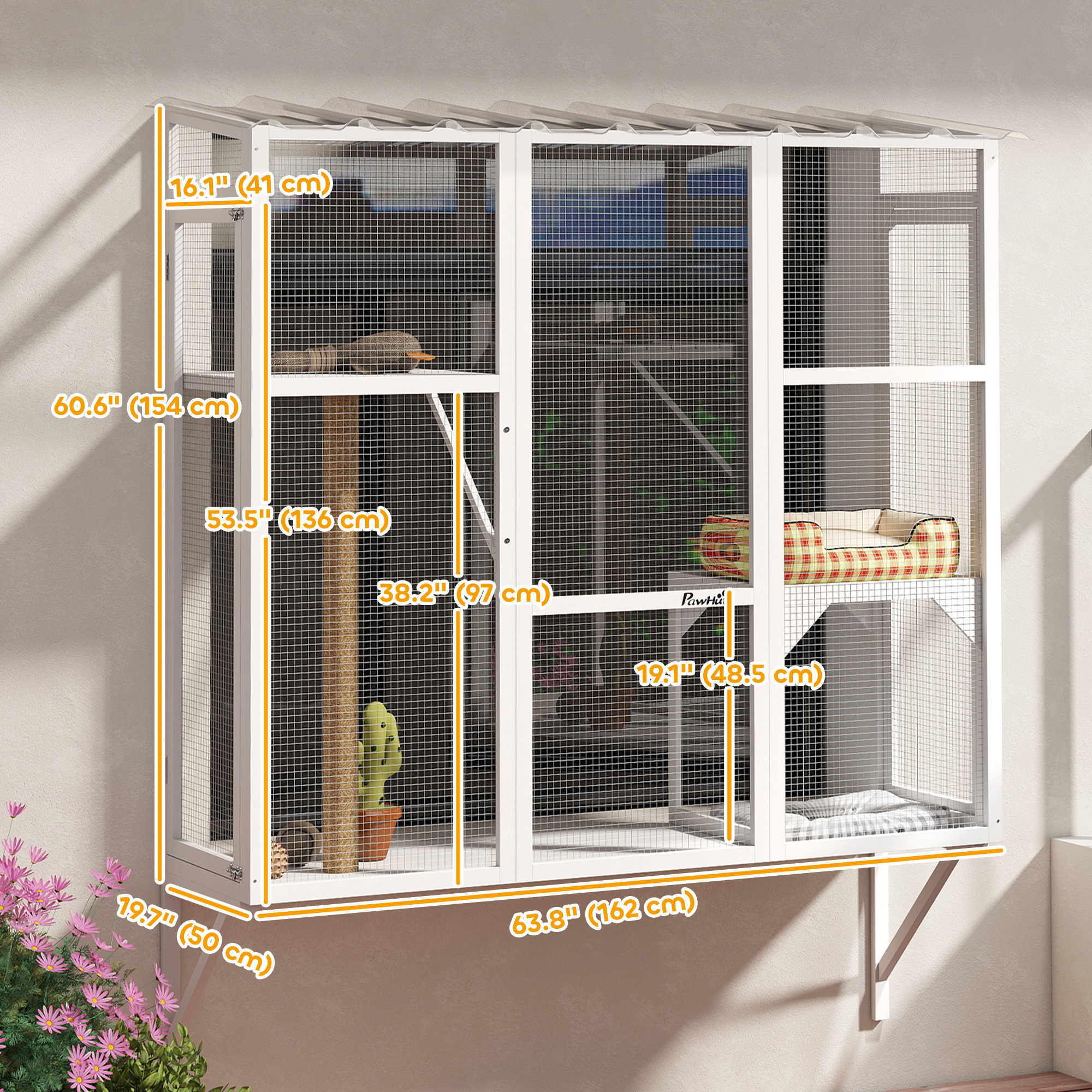 Wooden Catio Outdoor, Cat Window Box Enclosure for 2-3 Large Cats with 2 Jumping Platforms & Scratching Post, White