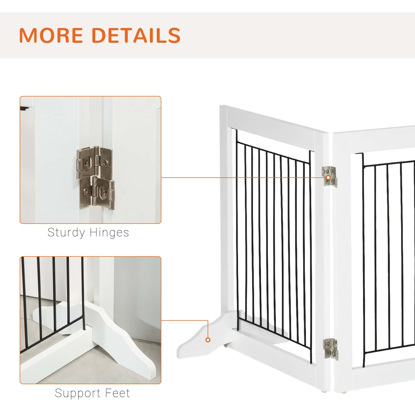 Freestanding Pet Gate, Folding Dog Gate with 2 Support Feet, 24" High, 3 Panels, for Small Dogs, Indoor Use - White - Image 6